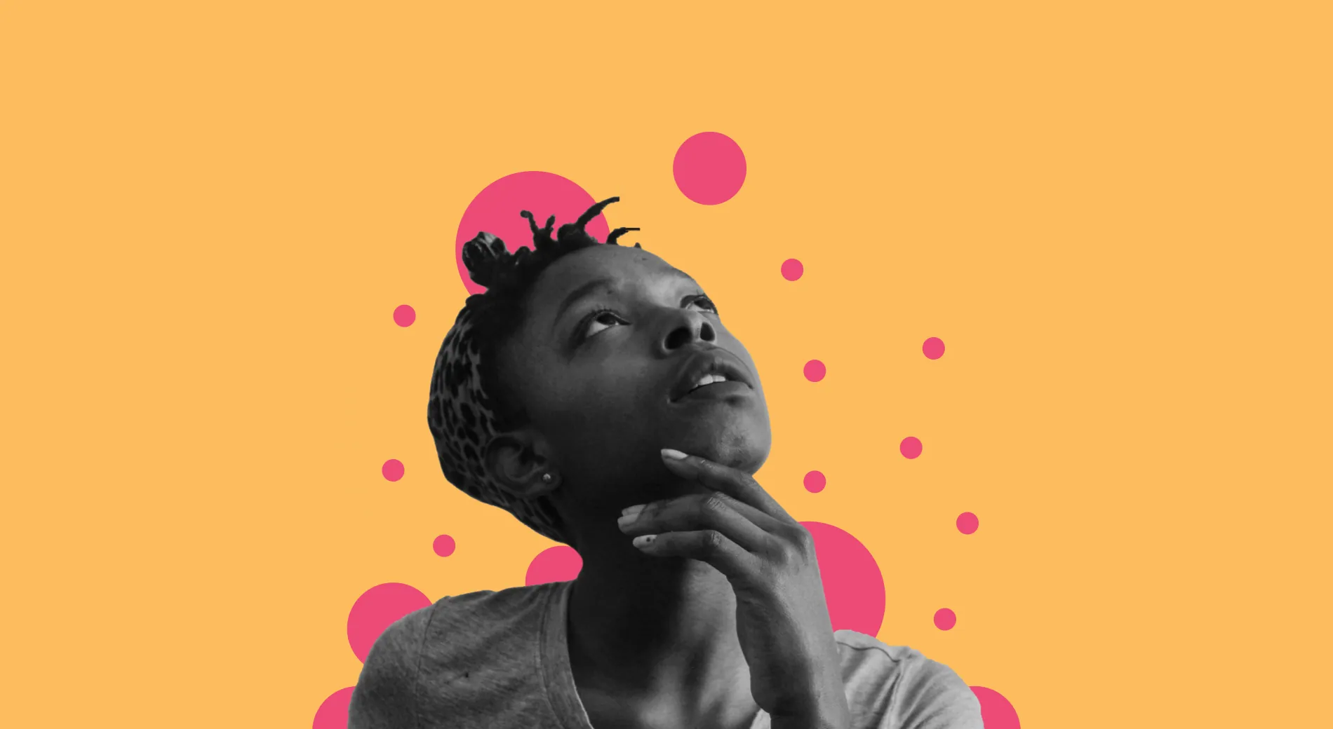 A woman looking up thoughtfully, hand on chin, with pink dots on an orange background