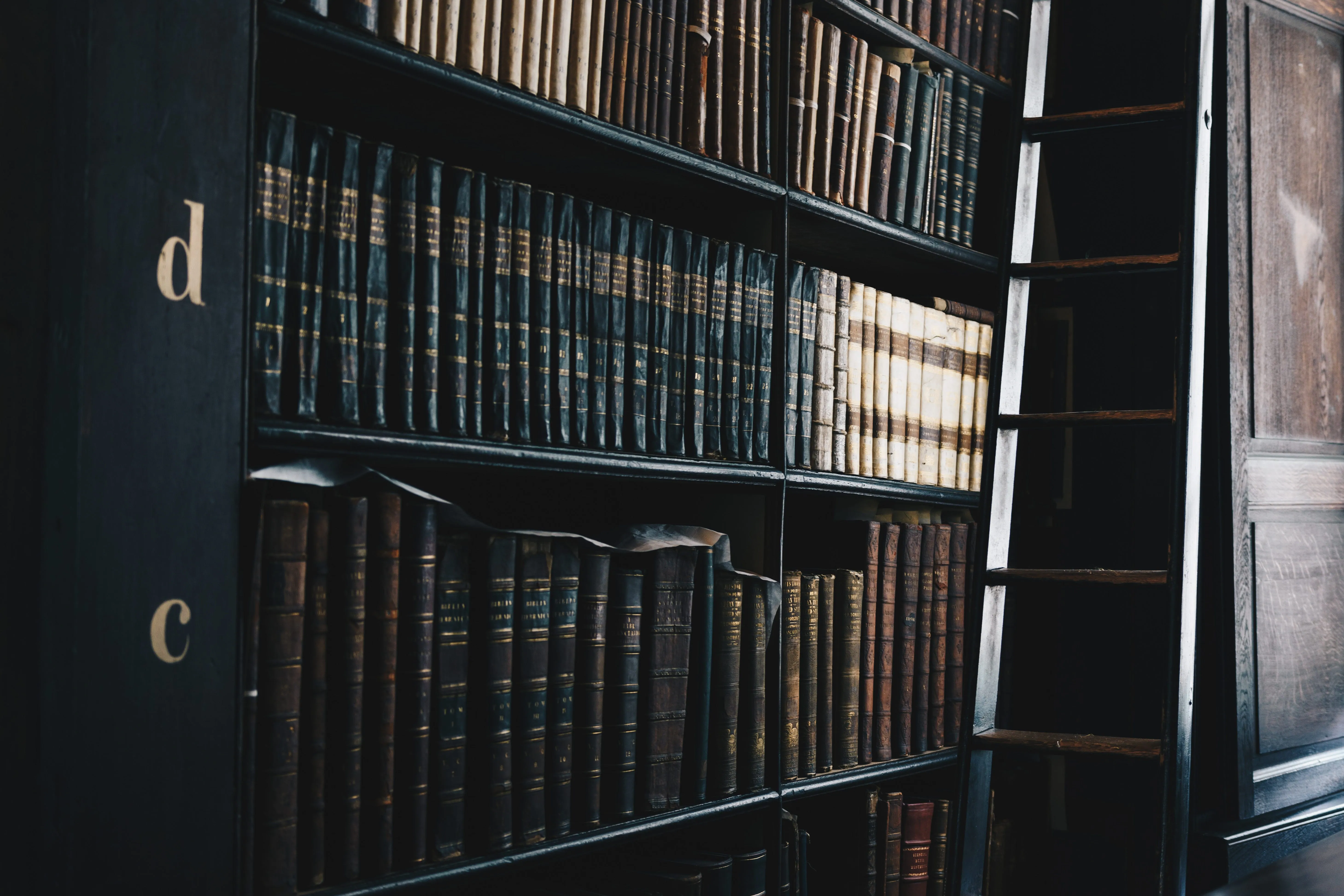 Rows of old leather-bound books on dark library shelves beside a wooden ladder