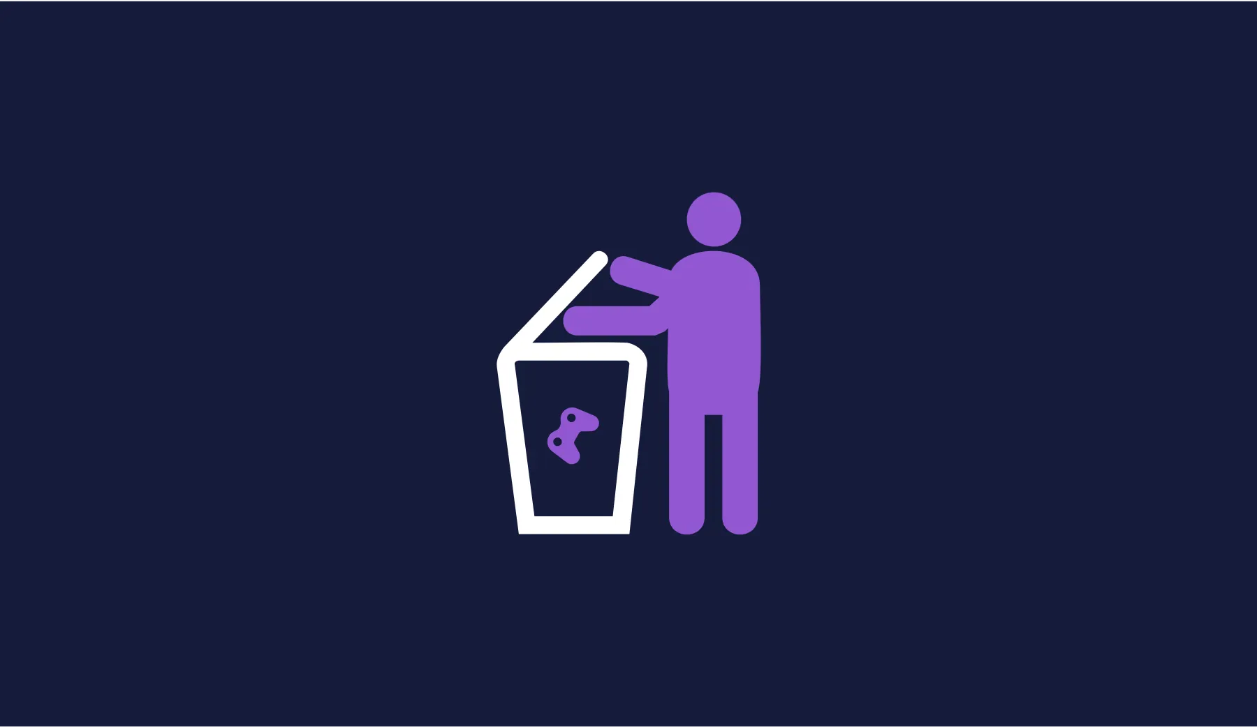 Pictogram of a person dropping a game controller into a bin, purple on navy