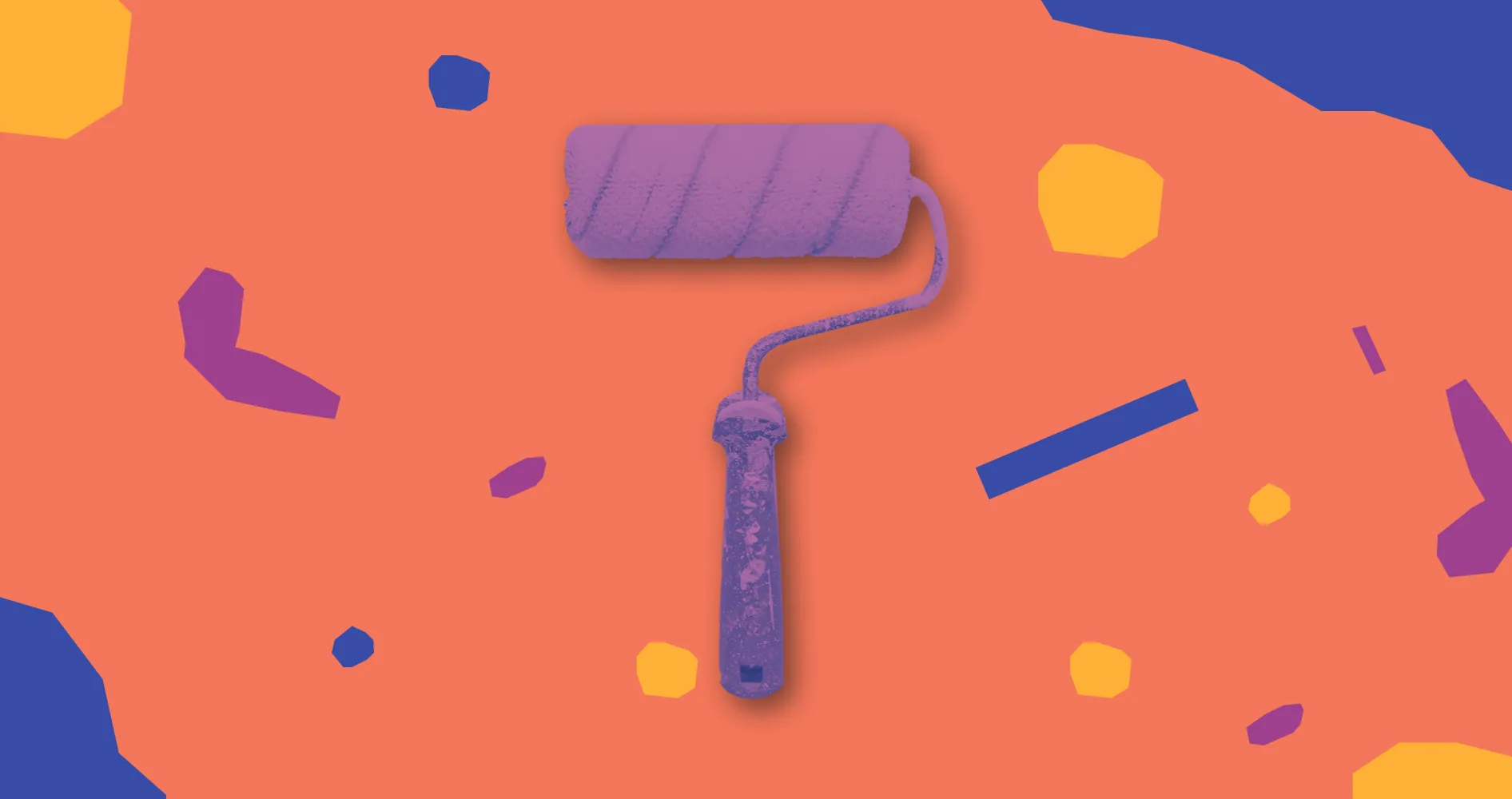 A purple paint roller on an orange background with purple and yellow shapes