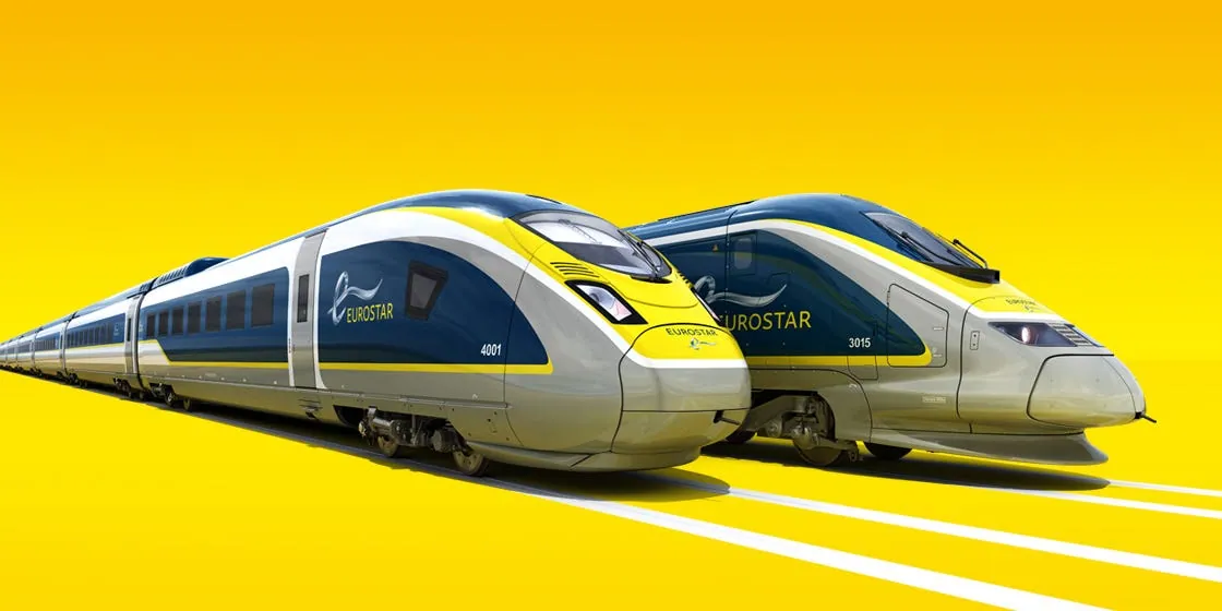 Two yellow Eurostar trains on a yellow background