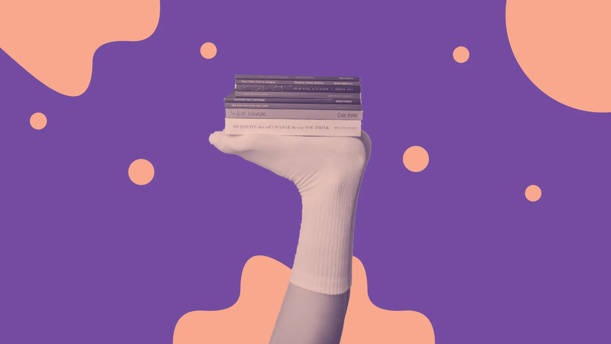 A foot in a white sock balancing a stack of books, tinted pink on purple with salmon blobs and dots
