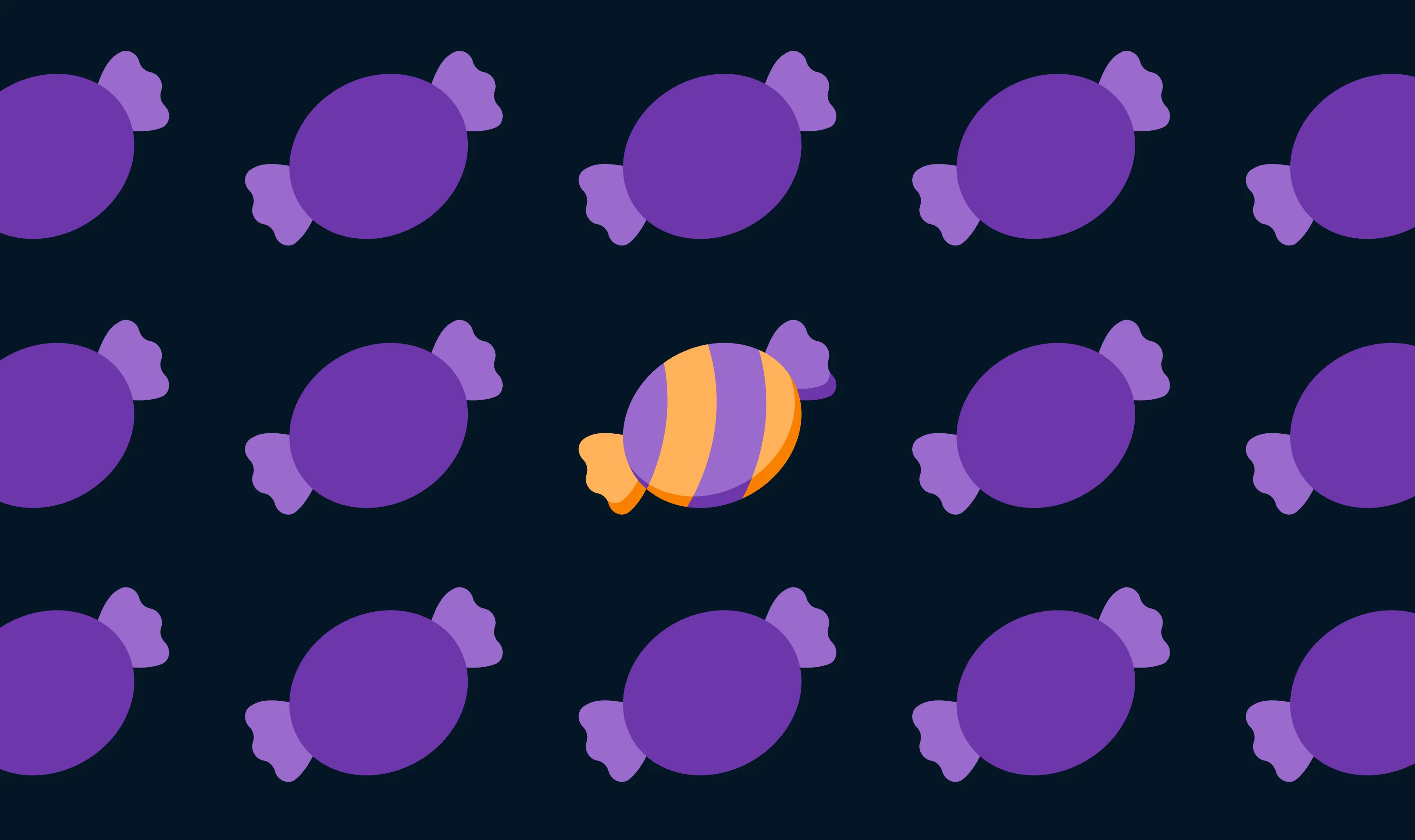 A grid of identical purple wrapped sweets with one orange-and-purple striped sweet standing out, on dark navy