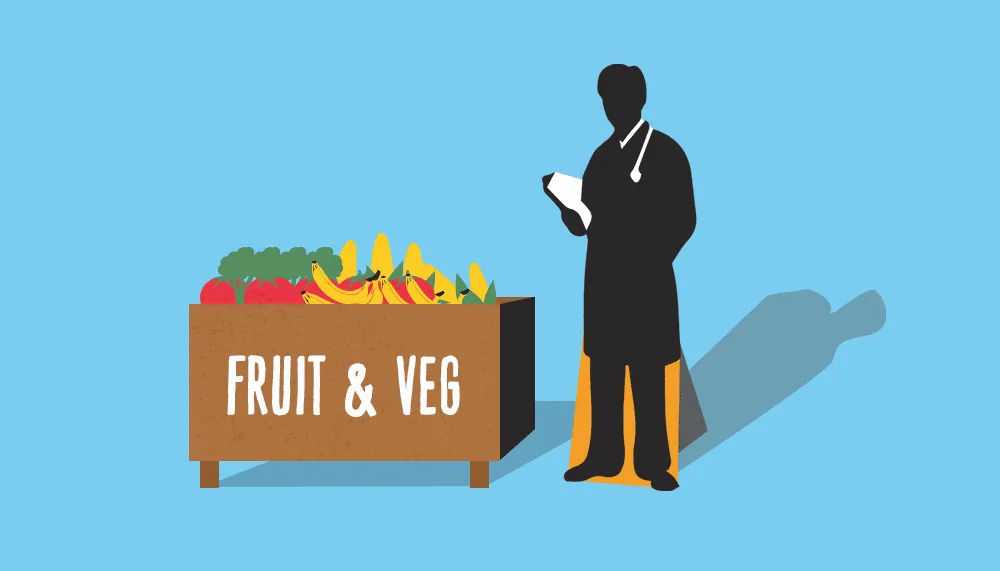A doctor with a clipboard beside a crate of fruit and vegetables
