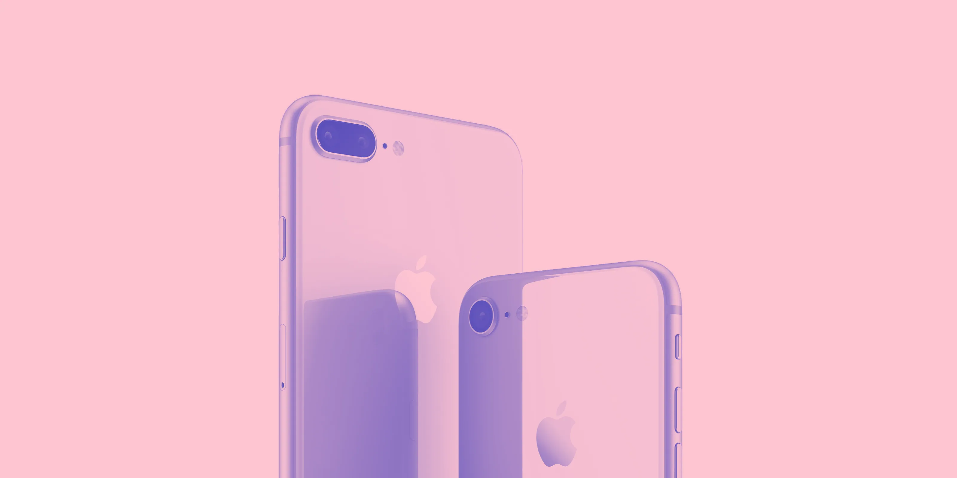 Two iPhone 8 handsets, tinted violet on pink