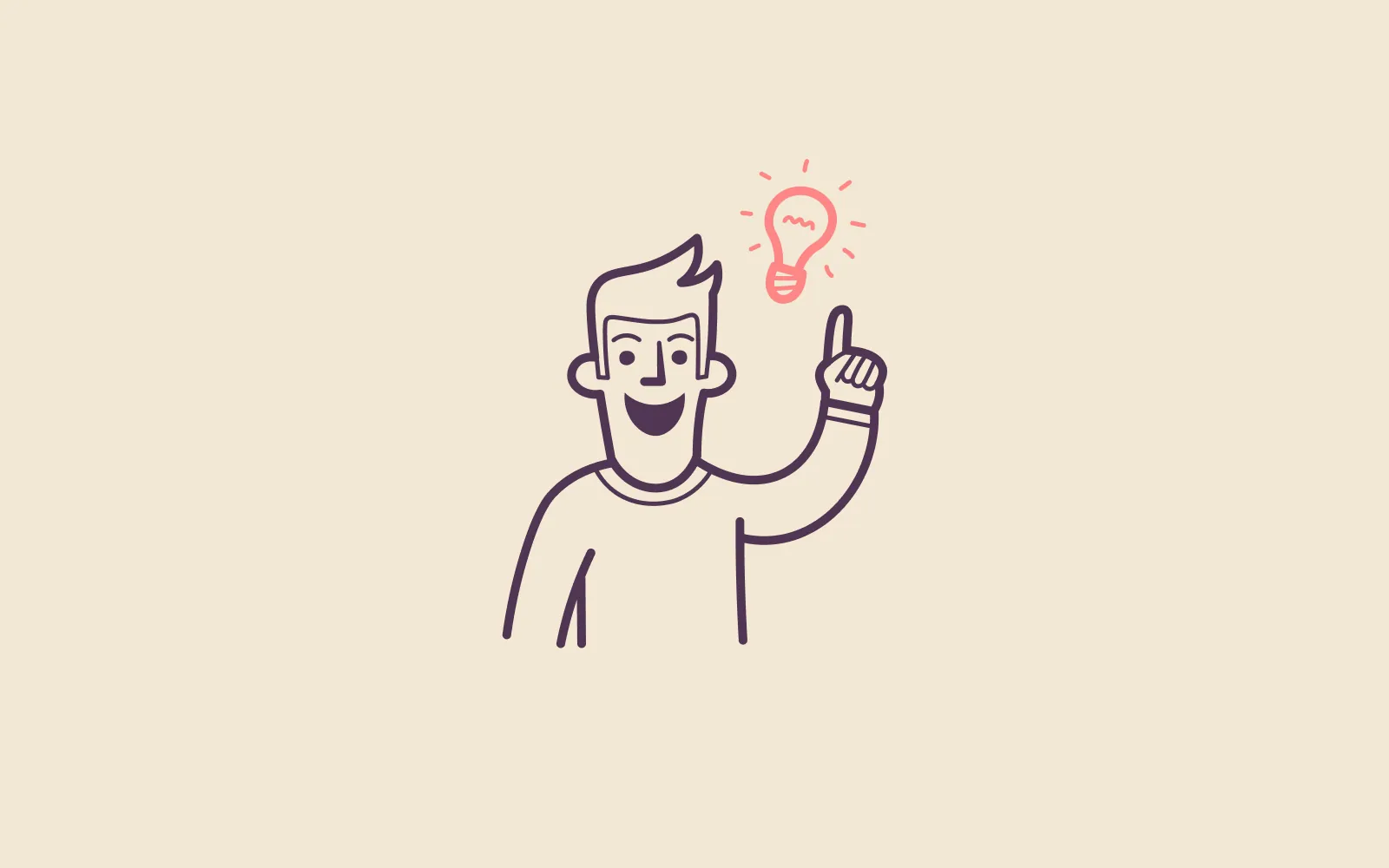 A hand-drawn man pointing up at a glowing lightbulb