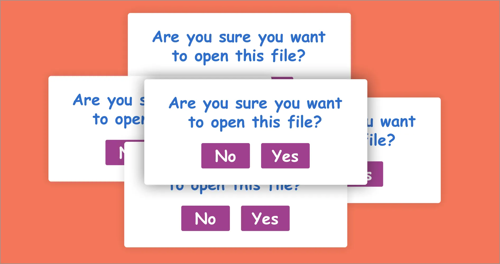 A pile of overlapping dialog boxes all asking “Are you sure you want to open this file?” with No and Yes buttons