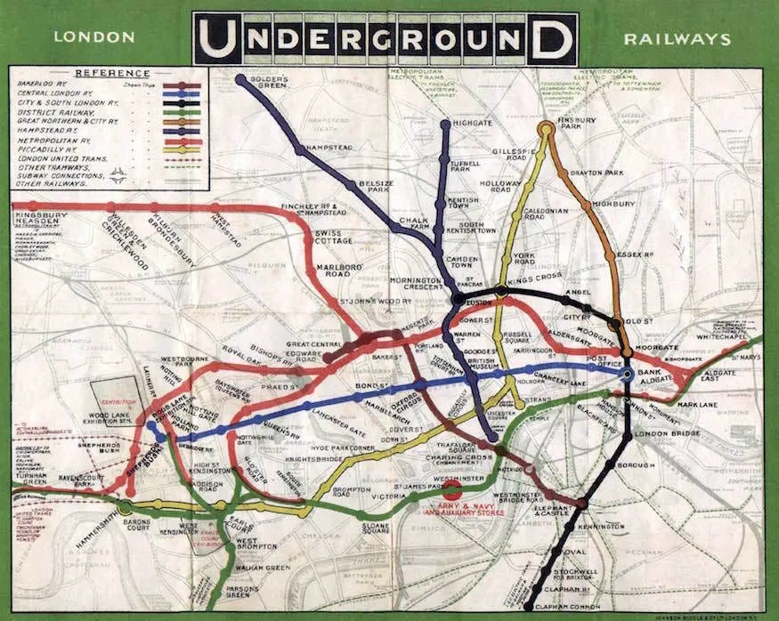 An early London Underground railways map, with the lines drawn over the streets geographically
