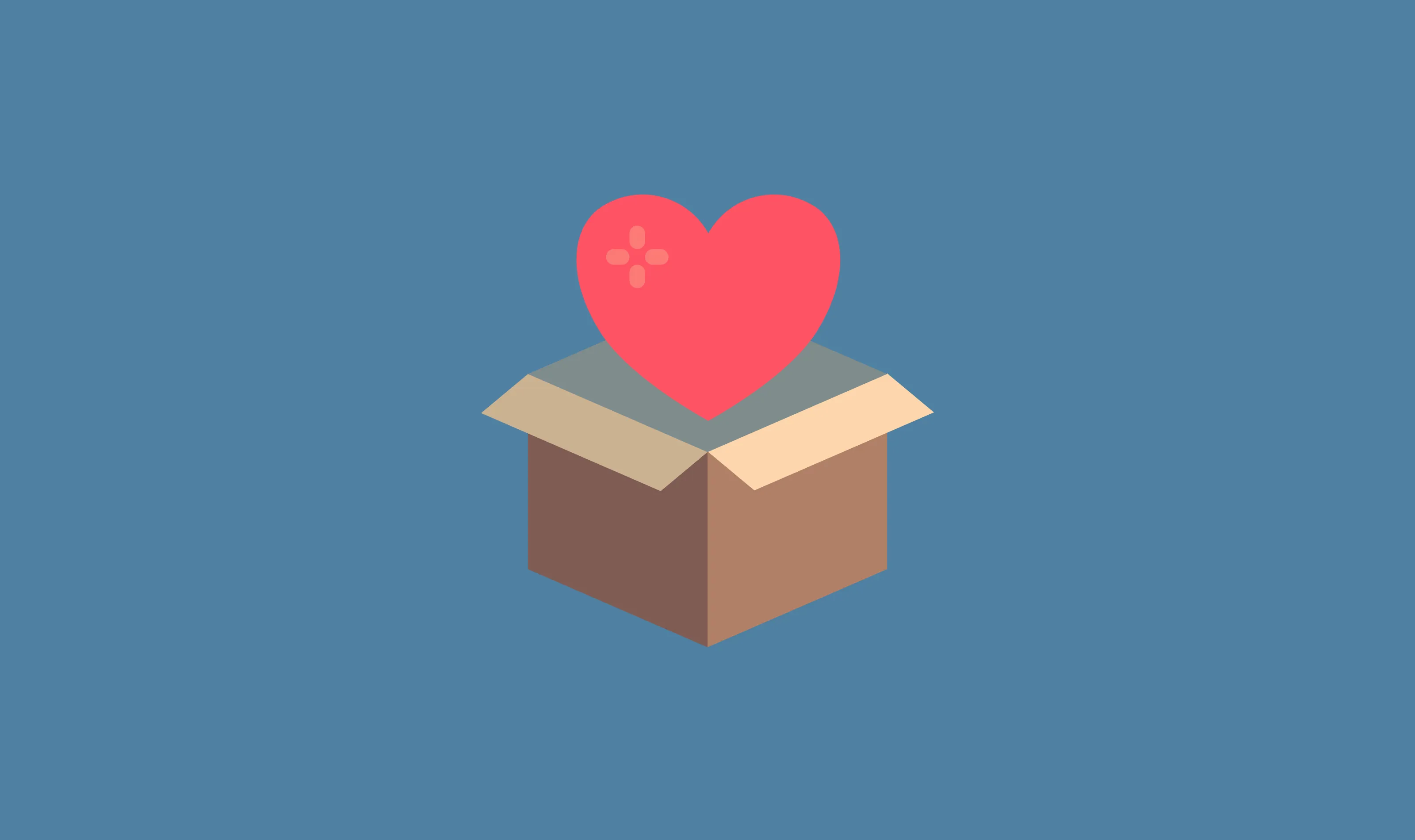 An open cardboard box with a red heart rising out of it, on blue