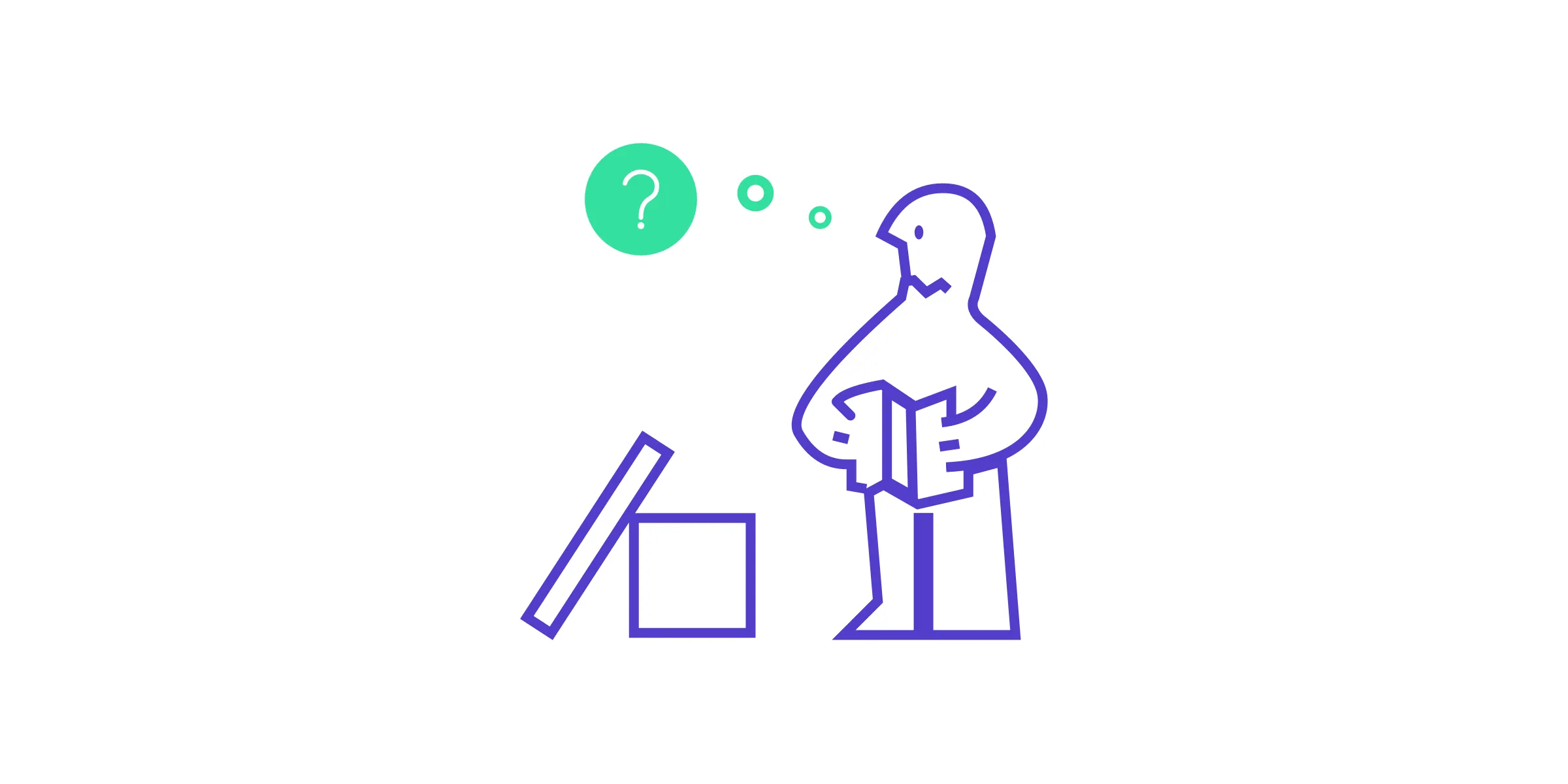 Sketch of a person reading a letter next to an open box, with a question mark above them