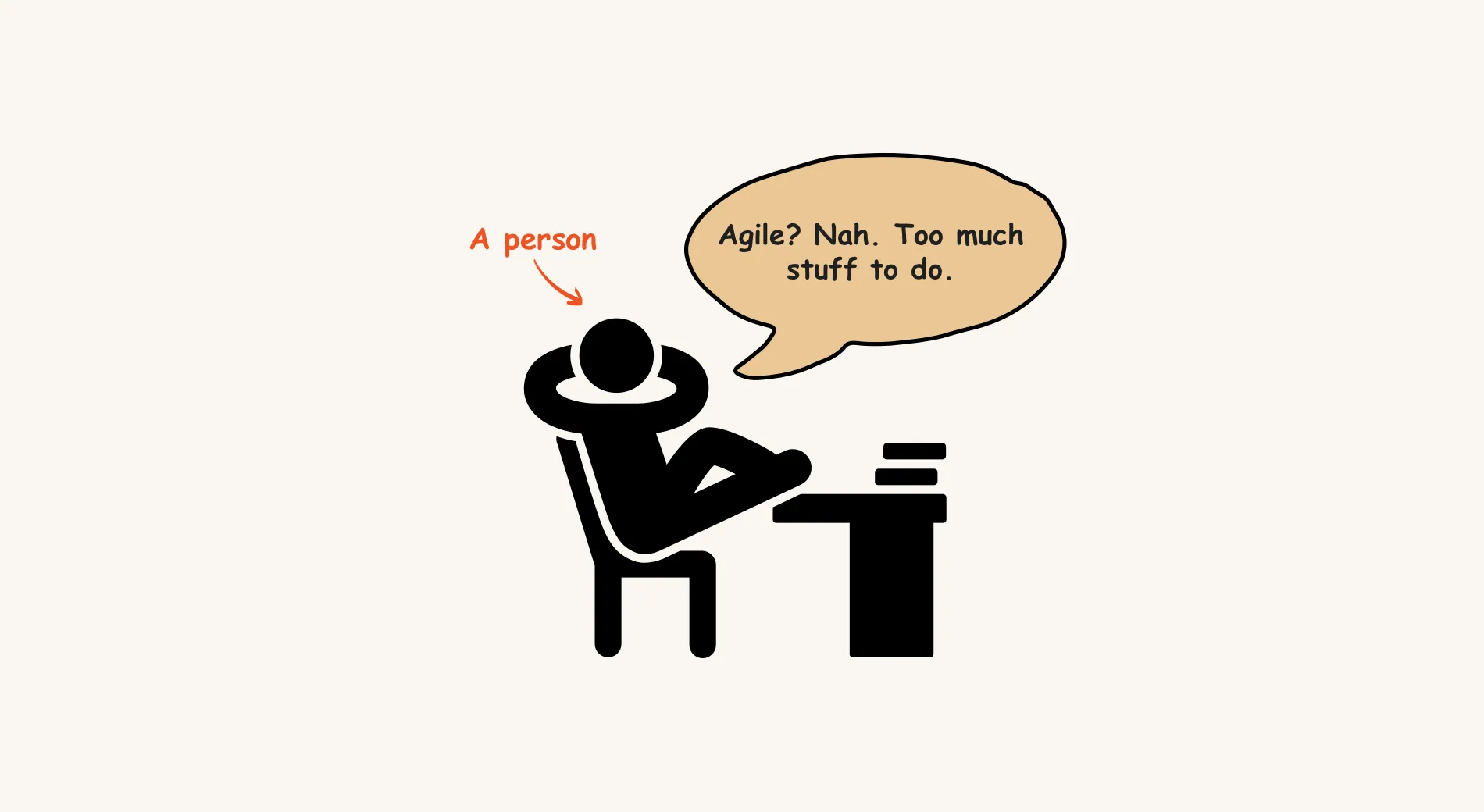 A person at a desk saying “Agile? Nah. Too much stuff to do.”