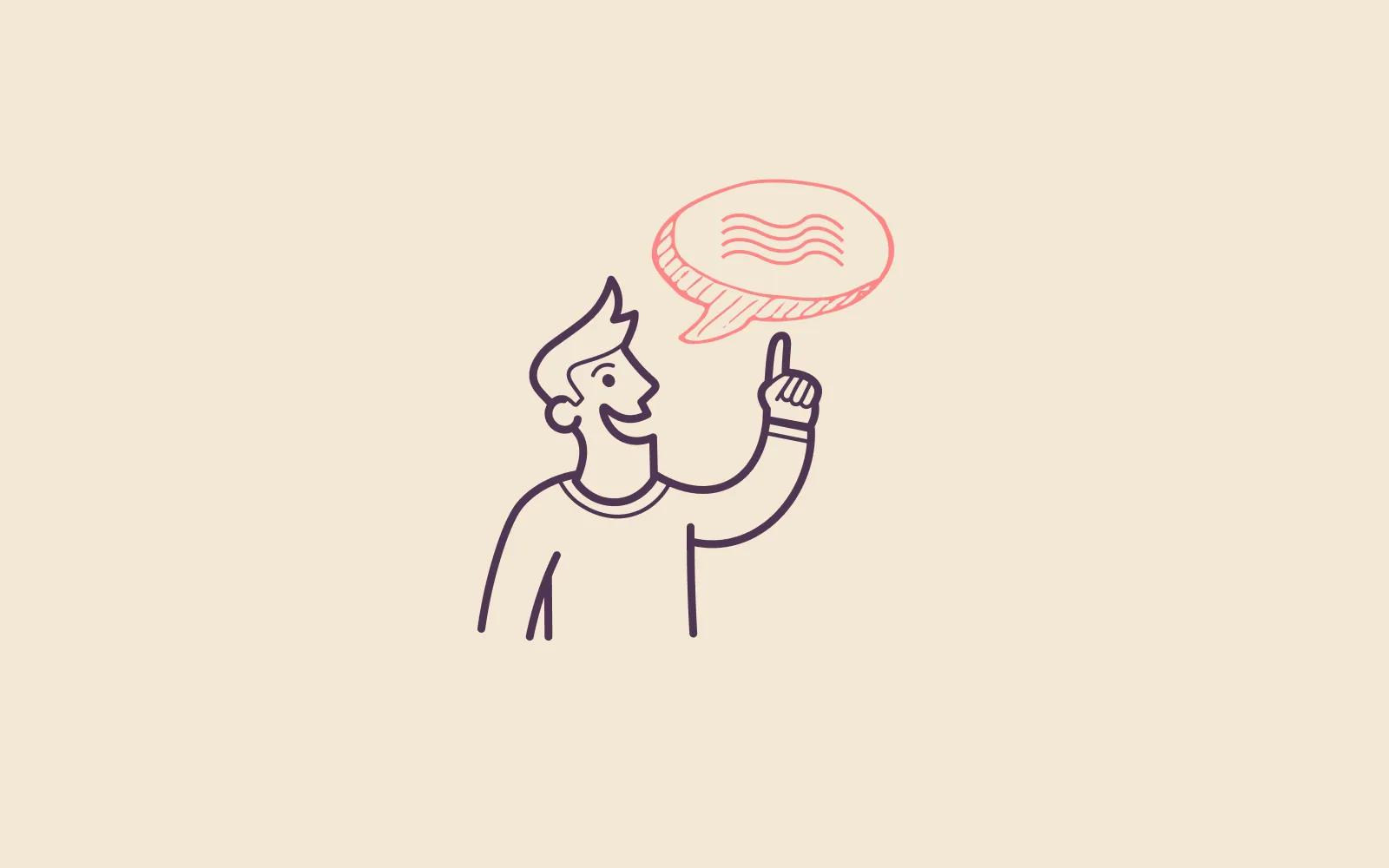 A hand-drawn man pointing up at a speech bubble filled with wavy lines