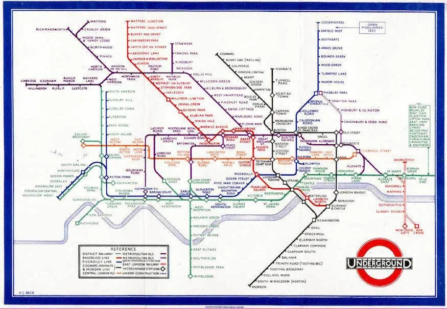 Harry Beck’s 1933 London Underground diagram, with straight lines and even spacing