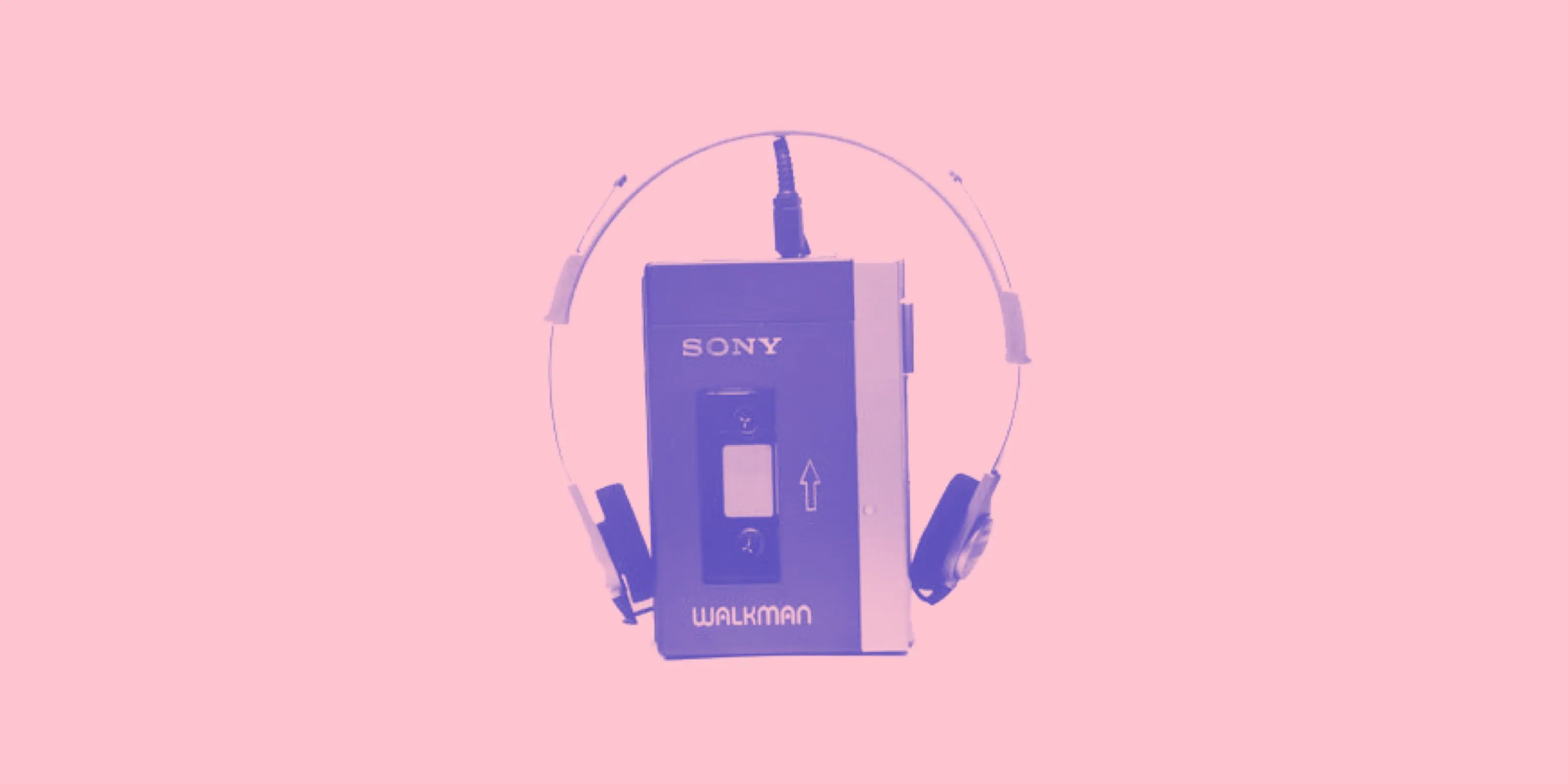 The original Sony Walkman with headphones, tinted violet on pink