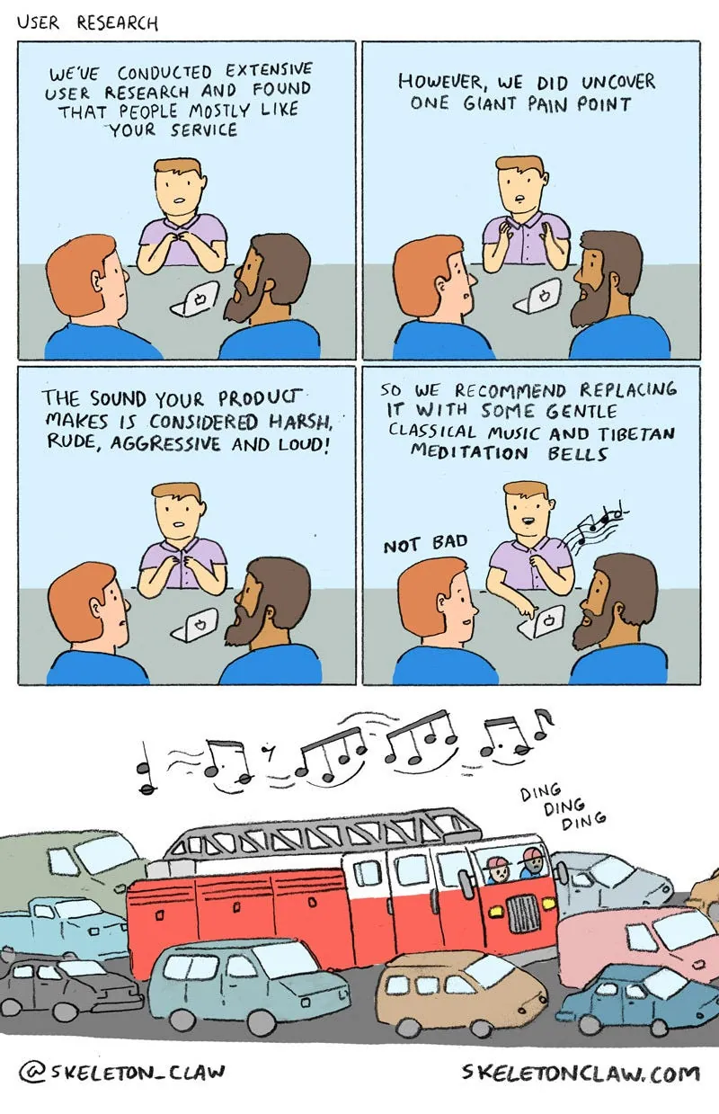 Skeleton Claw comic: user research finds people mostly like the service, except one giant pain point: the sound the product makes is harsh and loud, so they recommend replacing it with gentle classical music, ending with a fire engine playing music through traffic