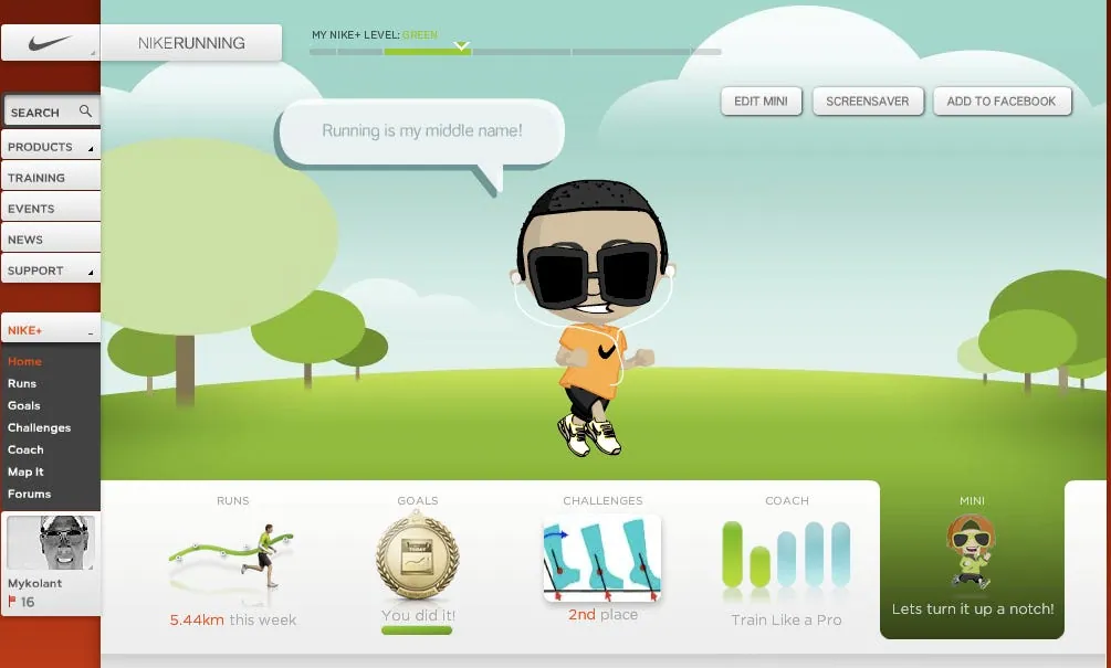 The Nike+ Running website with a cartoon avatar in sunglasses saying “Running is my middle name!”, and panels for runs, goals, challenges and coach