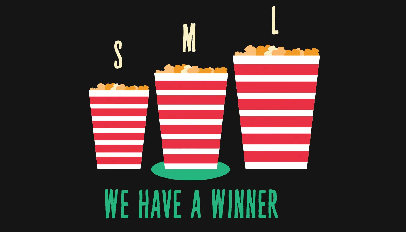 Three popcorn buckets labelled S, M and L, the large one marked We have a winner