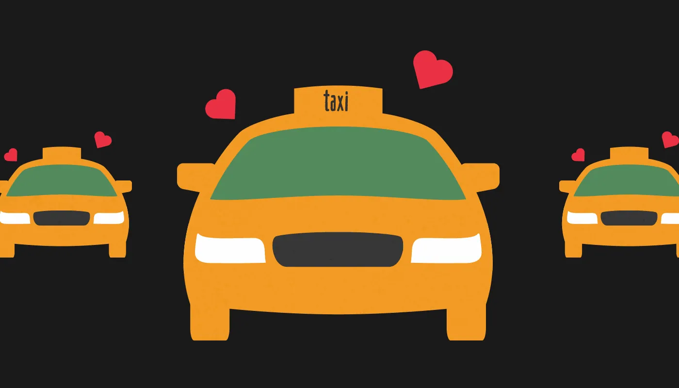 Three yellow taxis with red hearts above them, on black