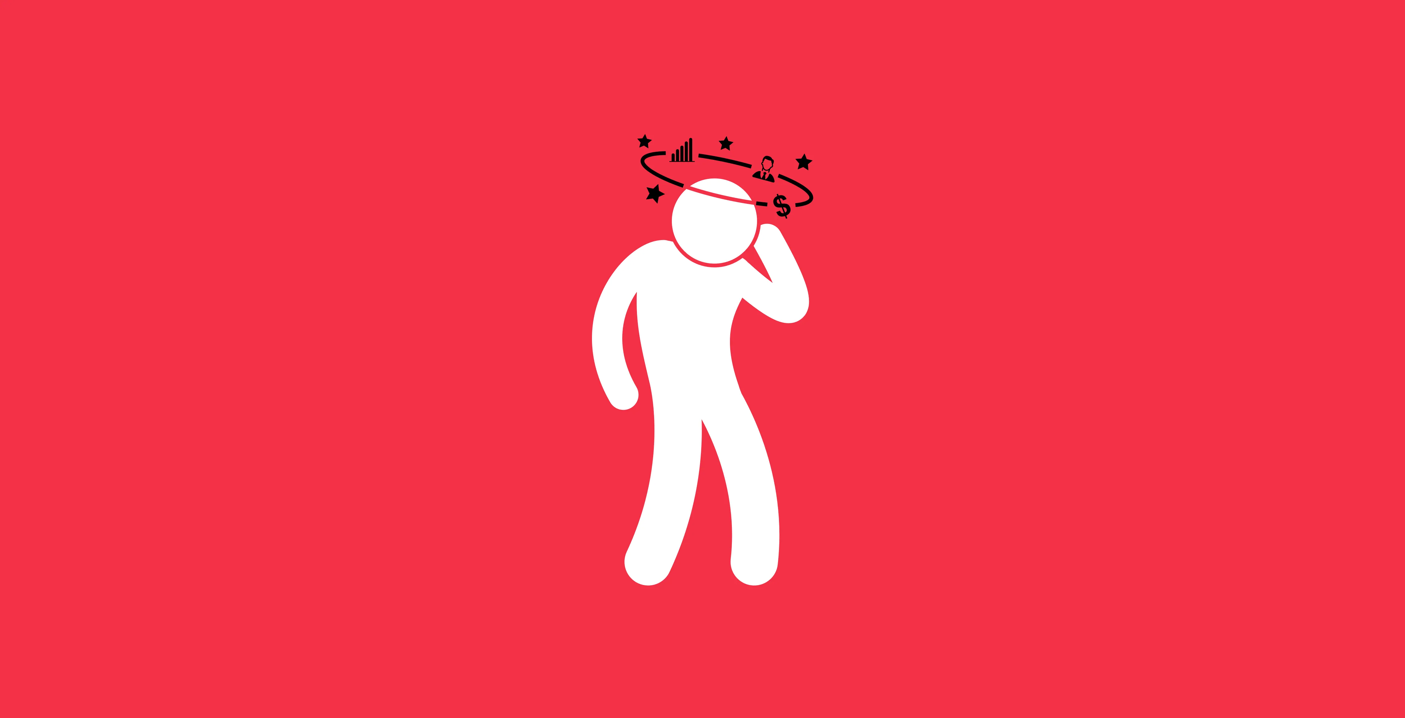 A pictogram person holding their head with stars spinning around it, white on red