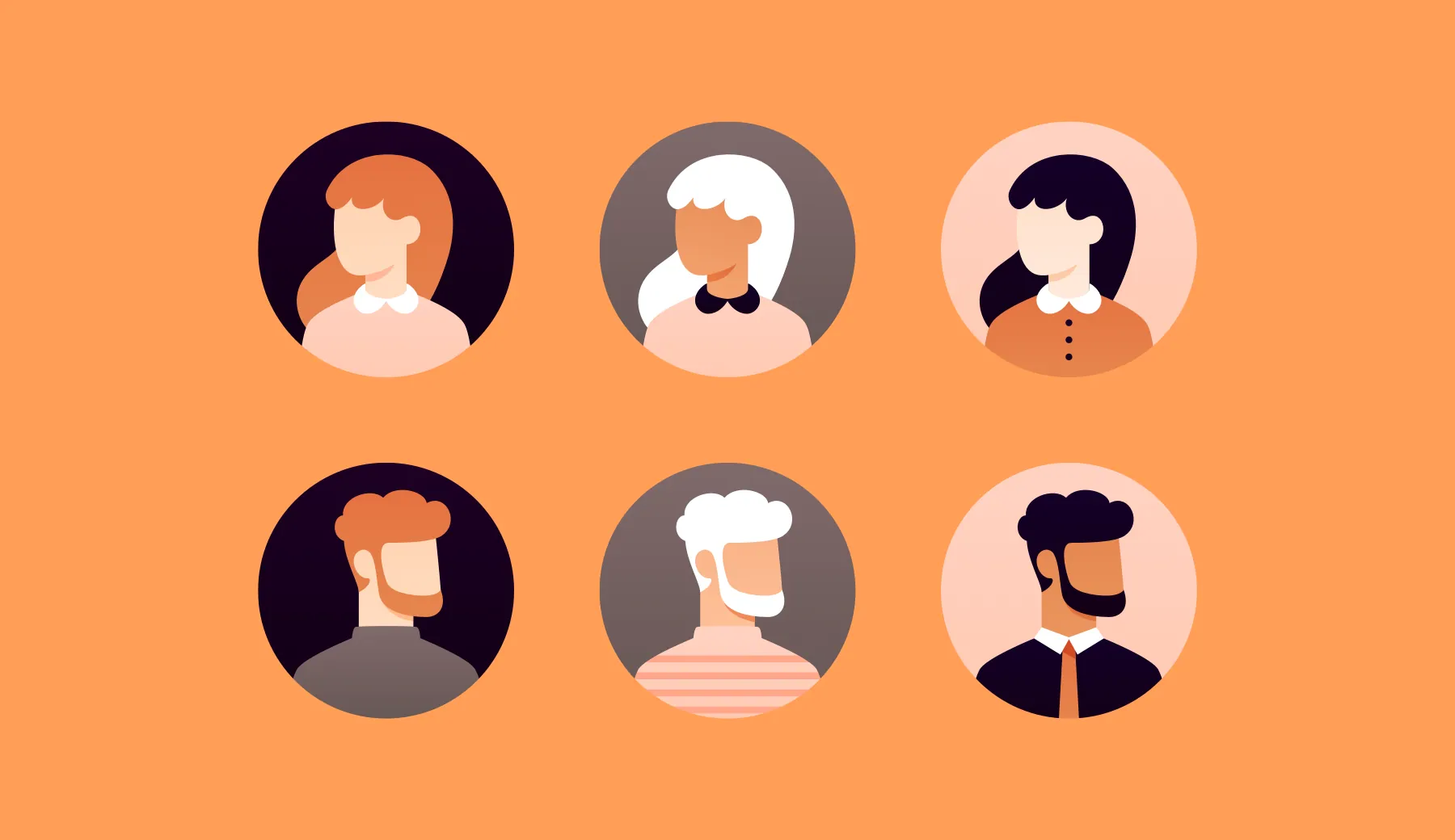 Six round avatars of different people, on orange