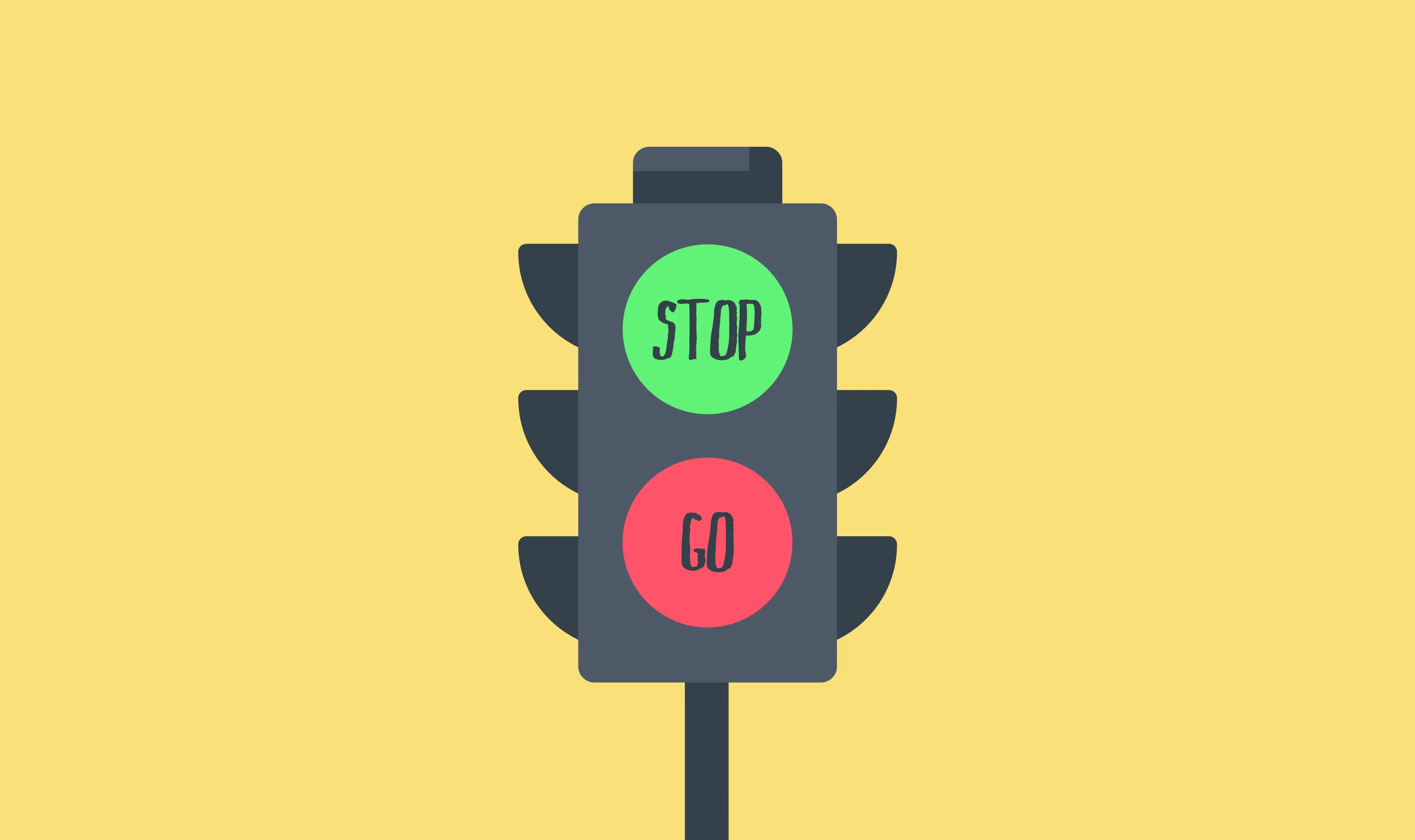 A traffic light with the colours swapped: a green light that reads Stop and a red light that reads Go, on yellow