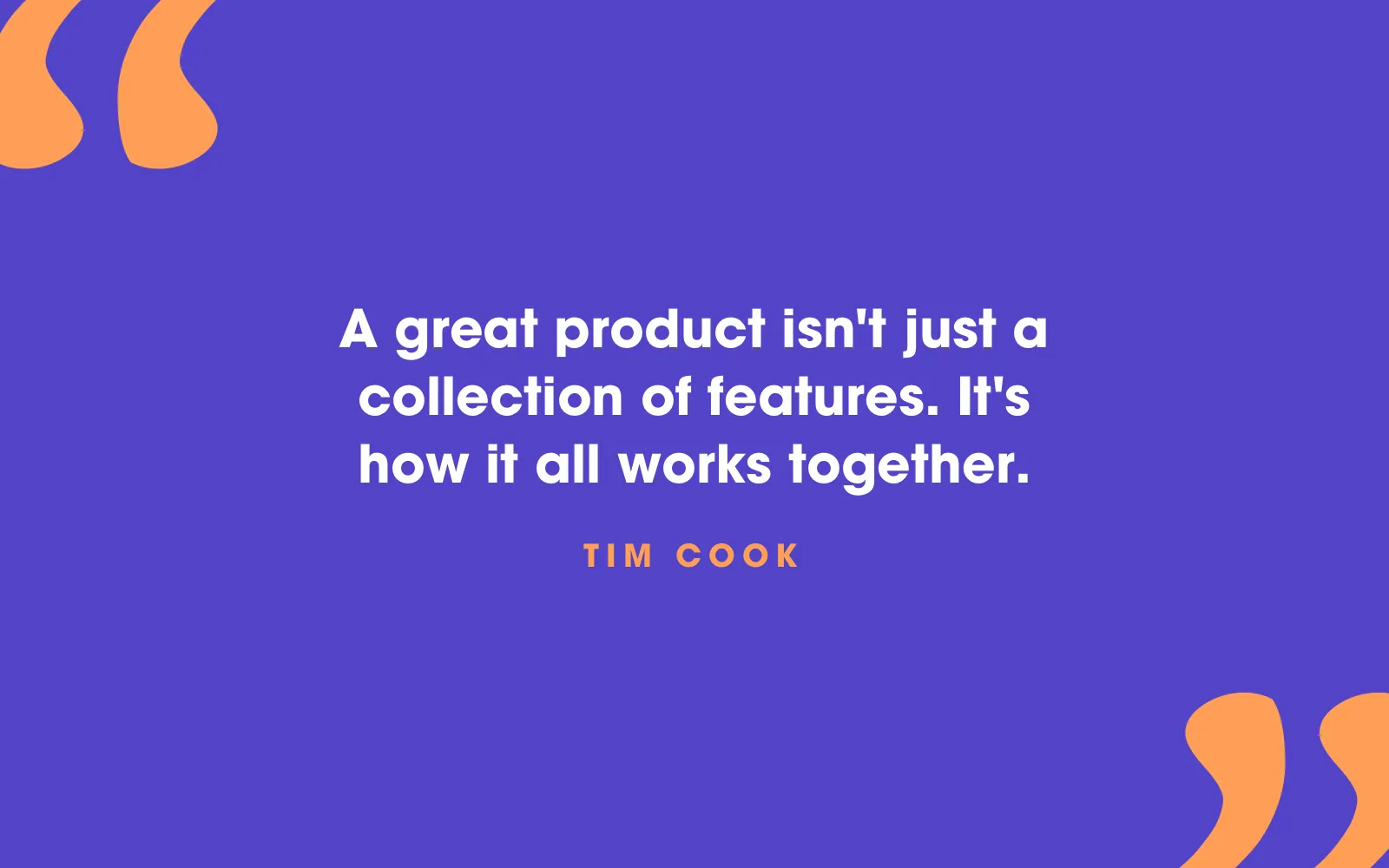 Tim Cook quote card about a great product being how its features work together, not a list of them, on indigo