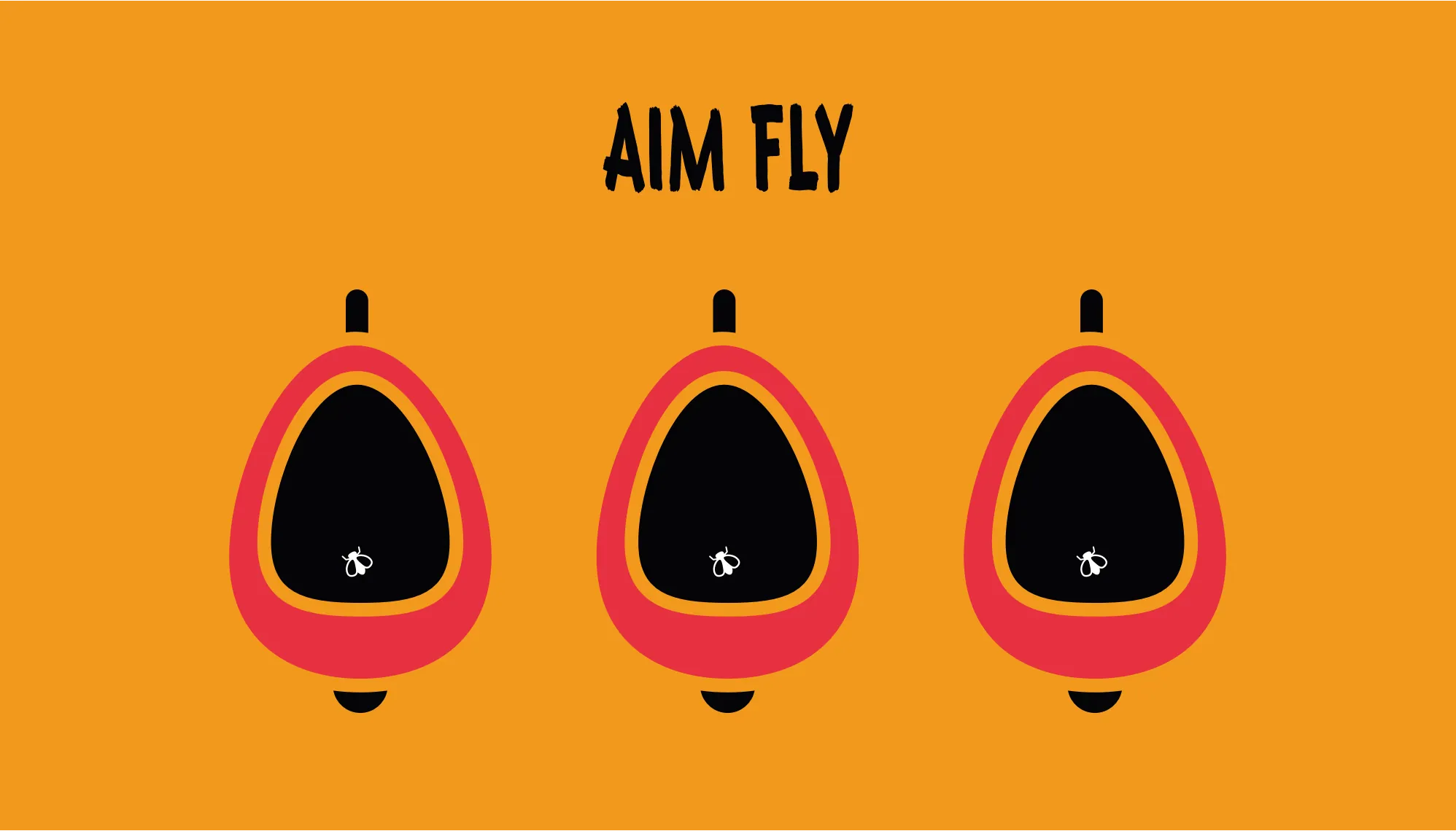 Aim fly: three urinals, each with a small fly printed inside