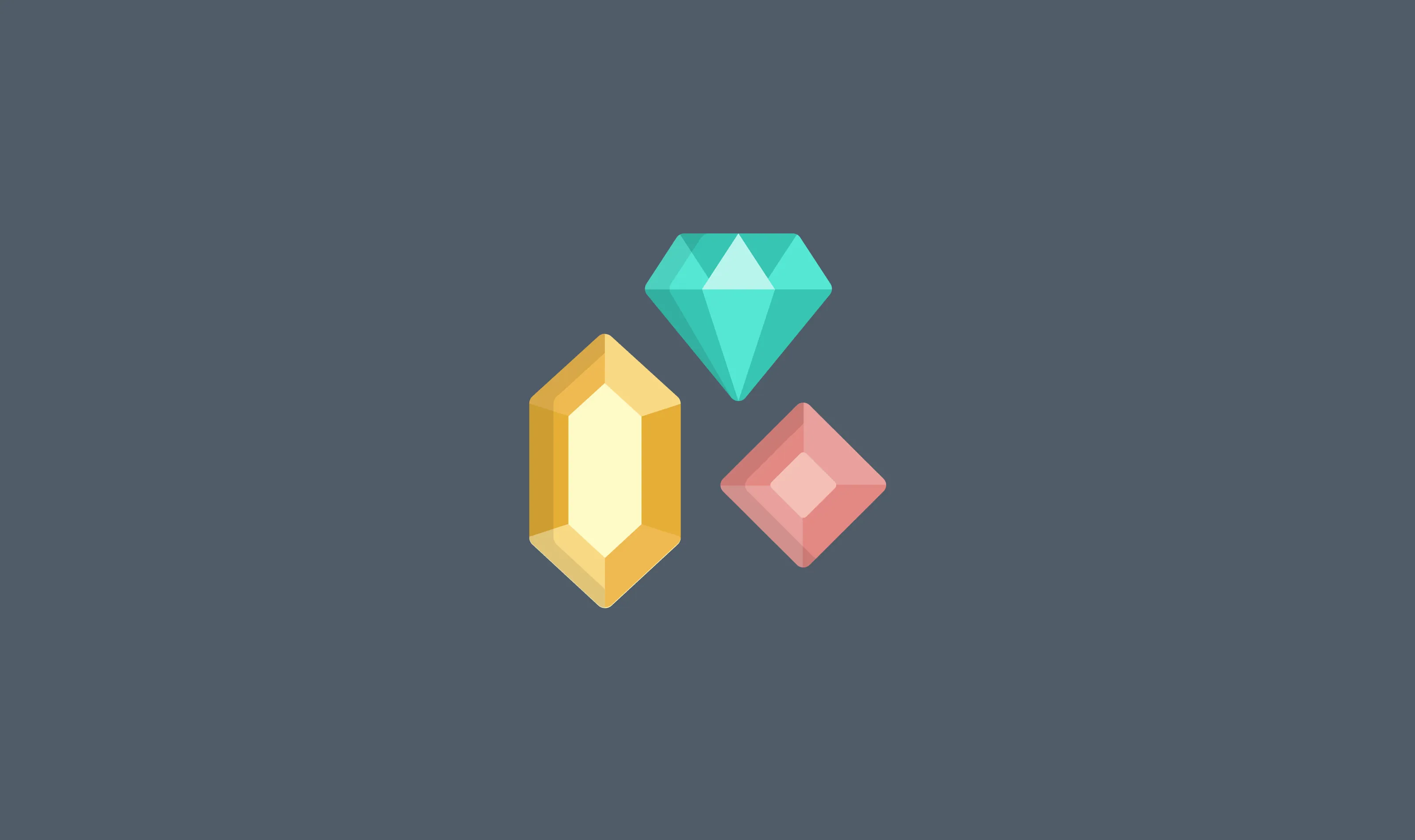 Three gems, a teal diamond, a gold crystal and a pink one, on dark grey