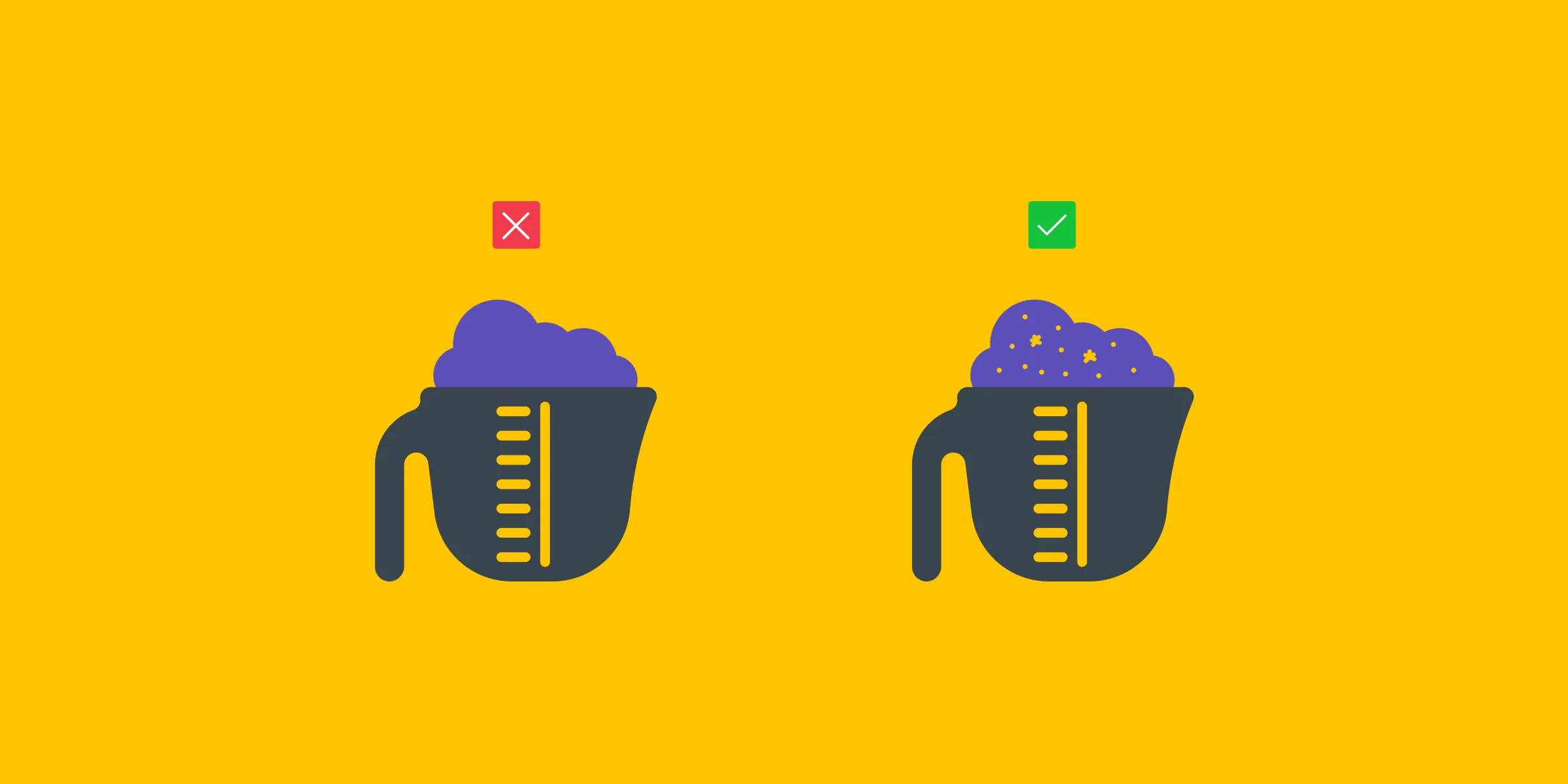 Two measuring jugs of sweets: a full one marked with a cross and a fuller one marked with a tick