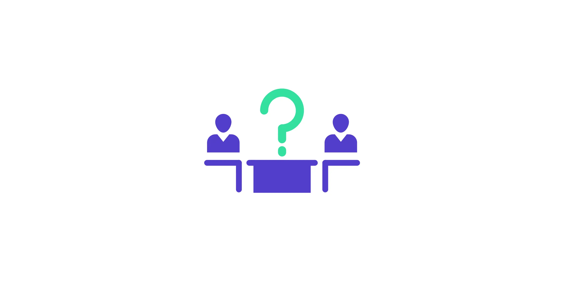 Pictogram of two people at a table with a large question mark between them