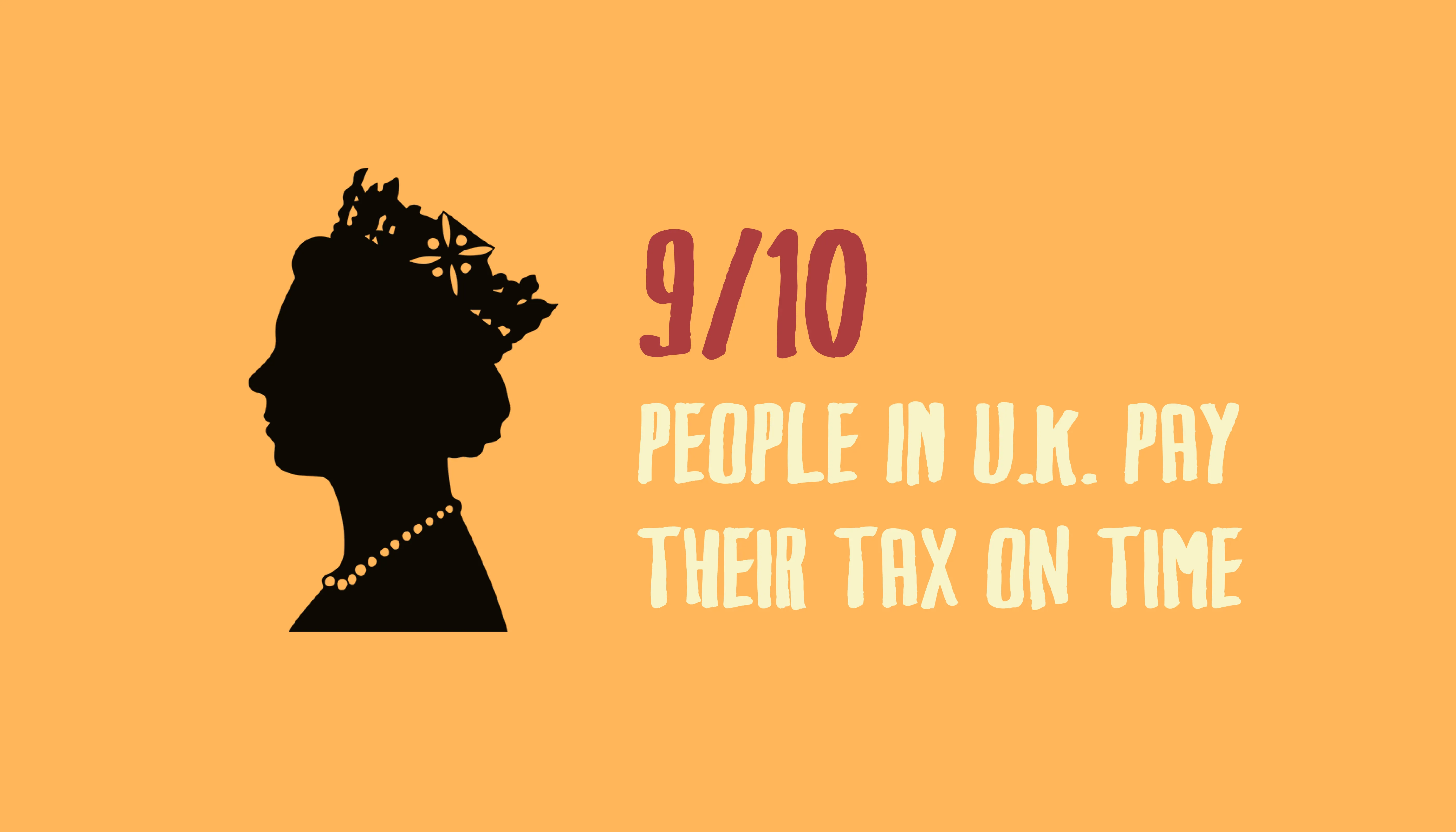 A silhouette of the Queen beside the words 9/10 people in U.K. pay their tax on time, on orange