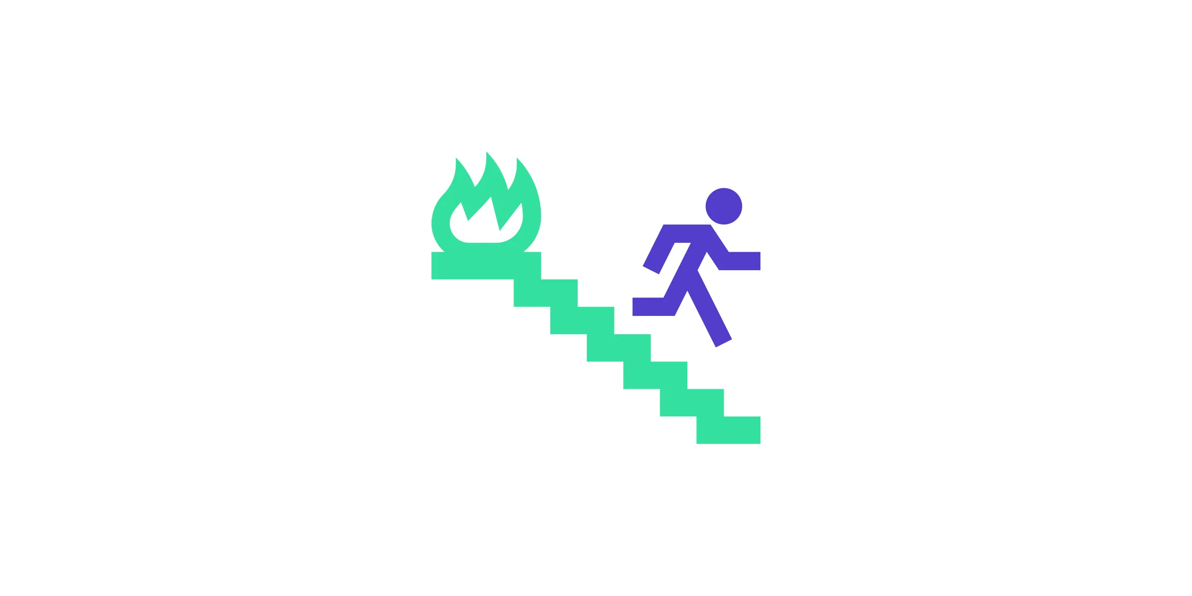 Pictogram of a person running down a staircase away from flames