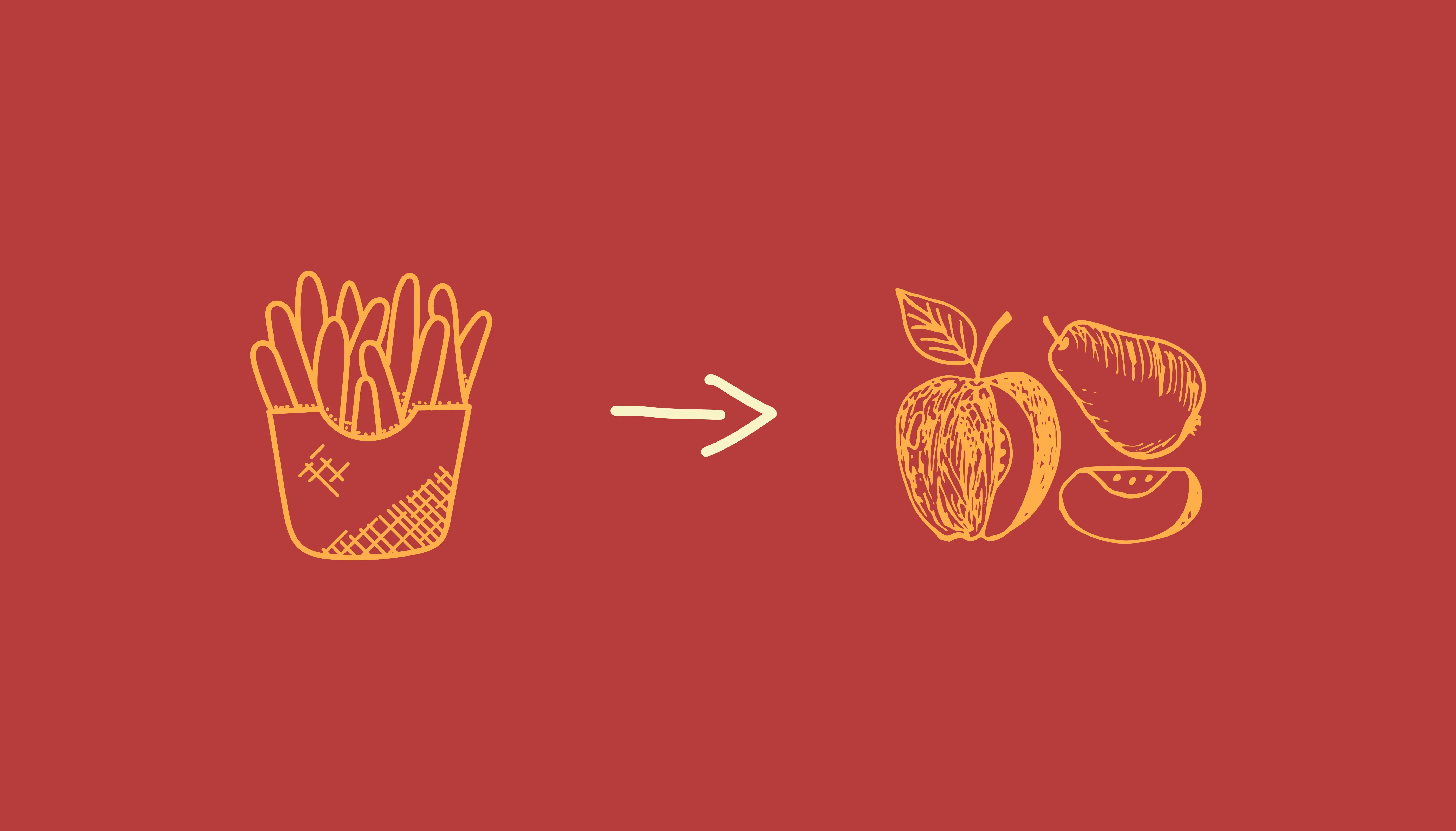 Fries with an arrow pointing to apples and a pear, on dark red