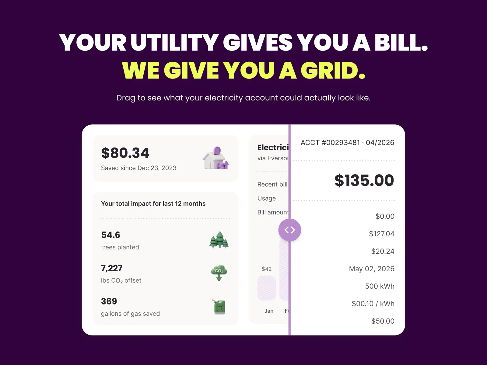 Public Grid website hero, “Your utility gives you a bill. We give you a grid.”, with savings, impact and bill comparison cards on deep purple