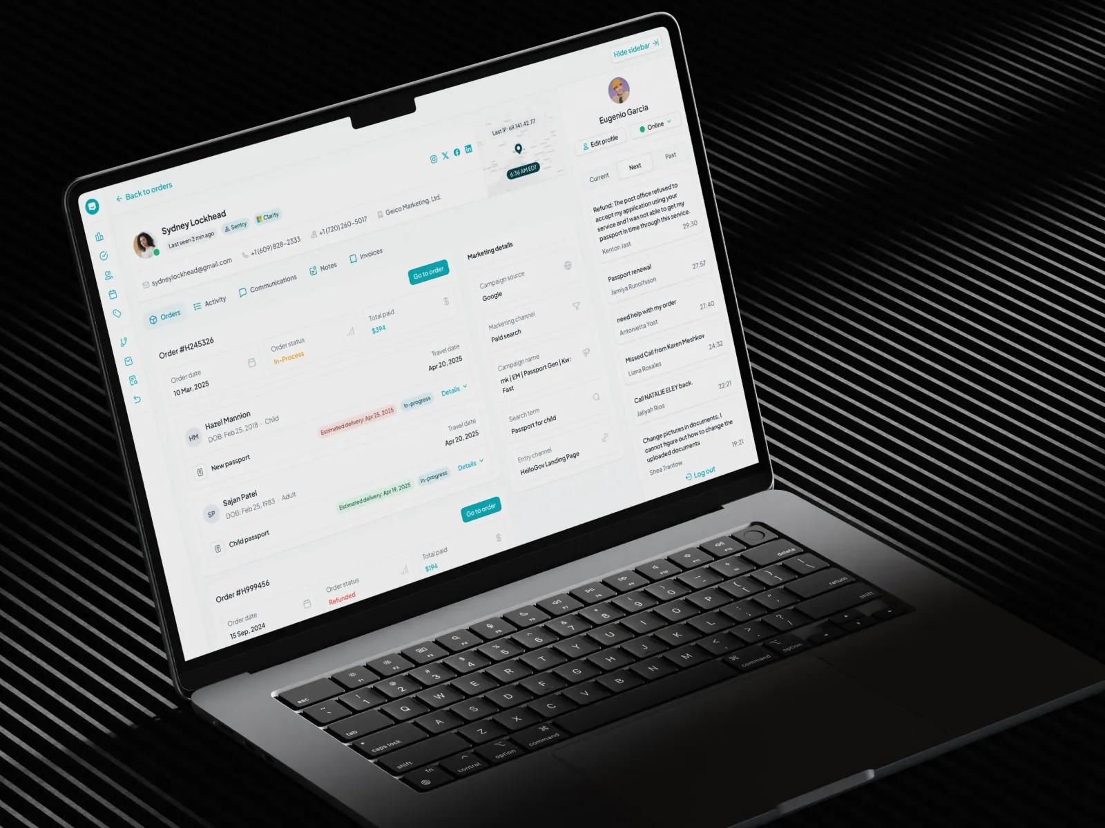 HelloGov admin customer view on a laptop: orders with status, marketing attribution and the support queue