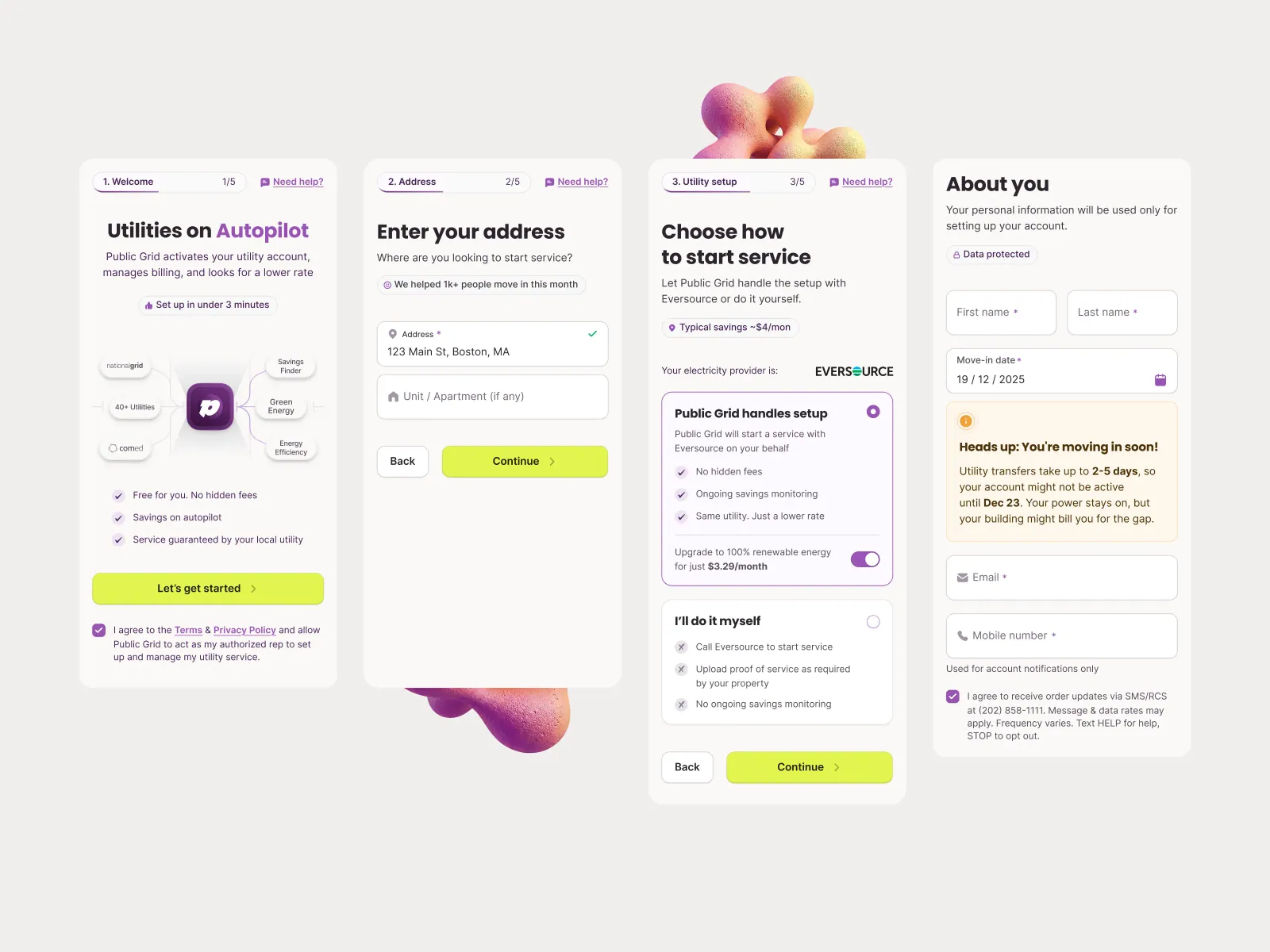 Public Grid four-step onboarding: welcome, address, choosing how to start service, and personal details with a move-in heads-up
