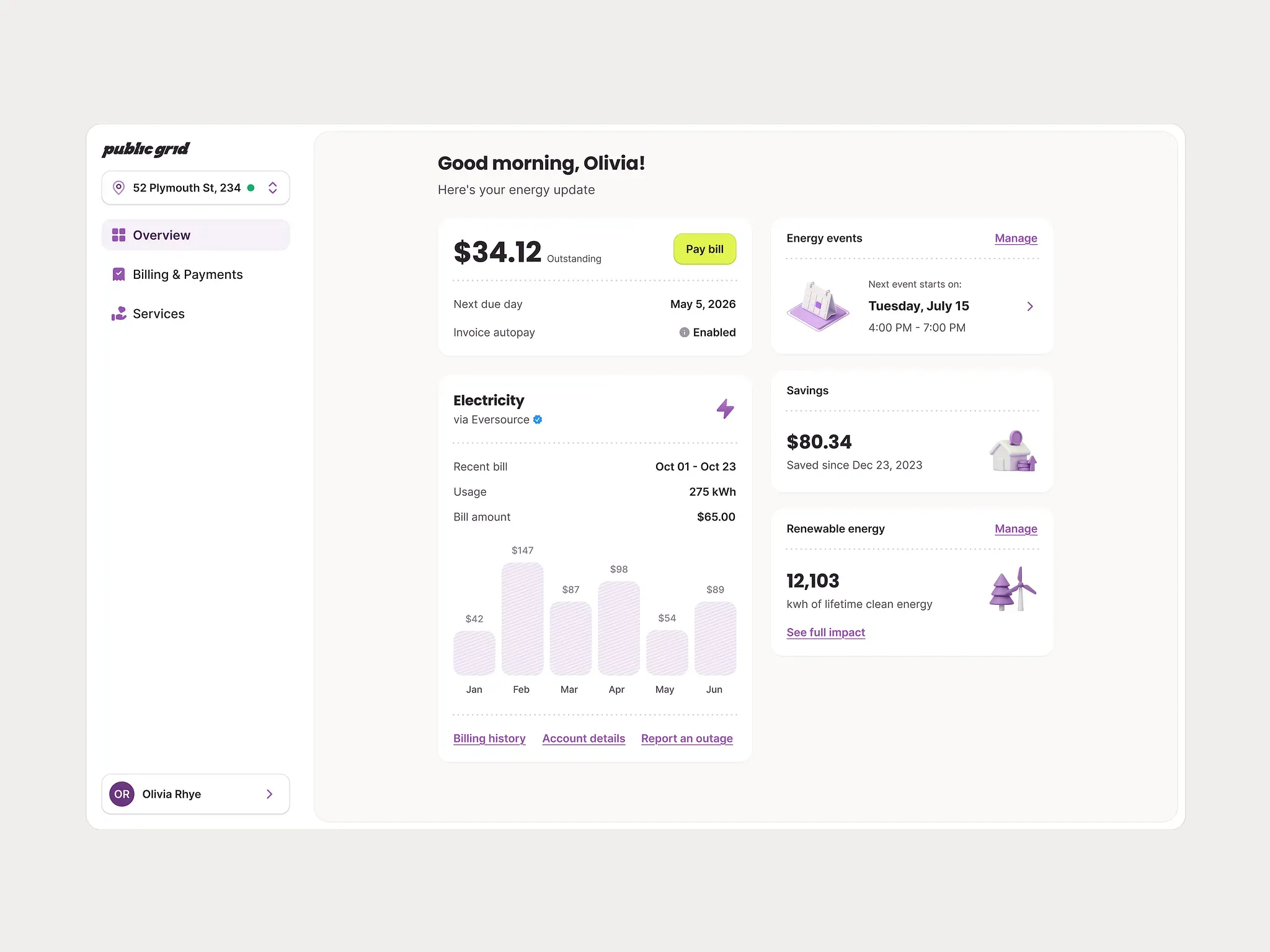 Public Grid web app overview greeting Olivia, with sidebar navigation, her outstanding bill and autopay, electricity usage, energy events, savings and renewable energy cards