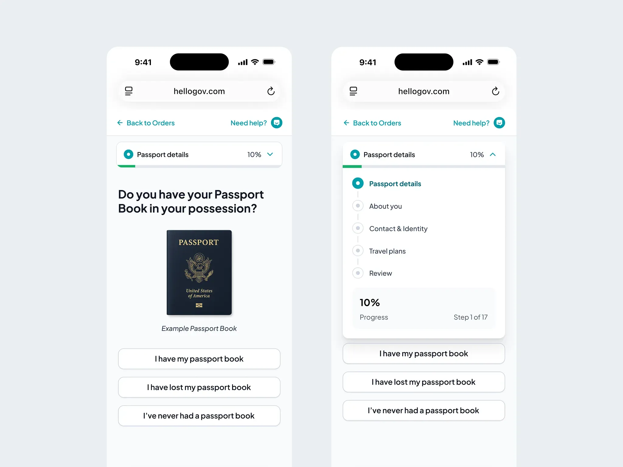 HelloGov on two phones: the passport book question, and the same step with the progress tracker expanded