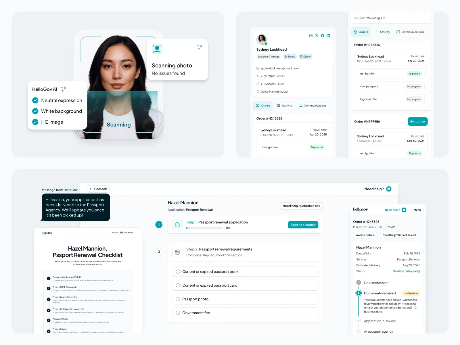 HelloGov AI passport photo check, a customer profile with orders, and a personalized renewal checklist