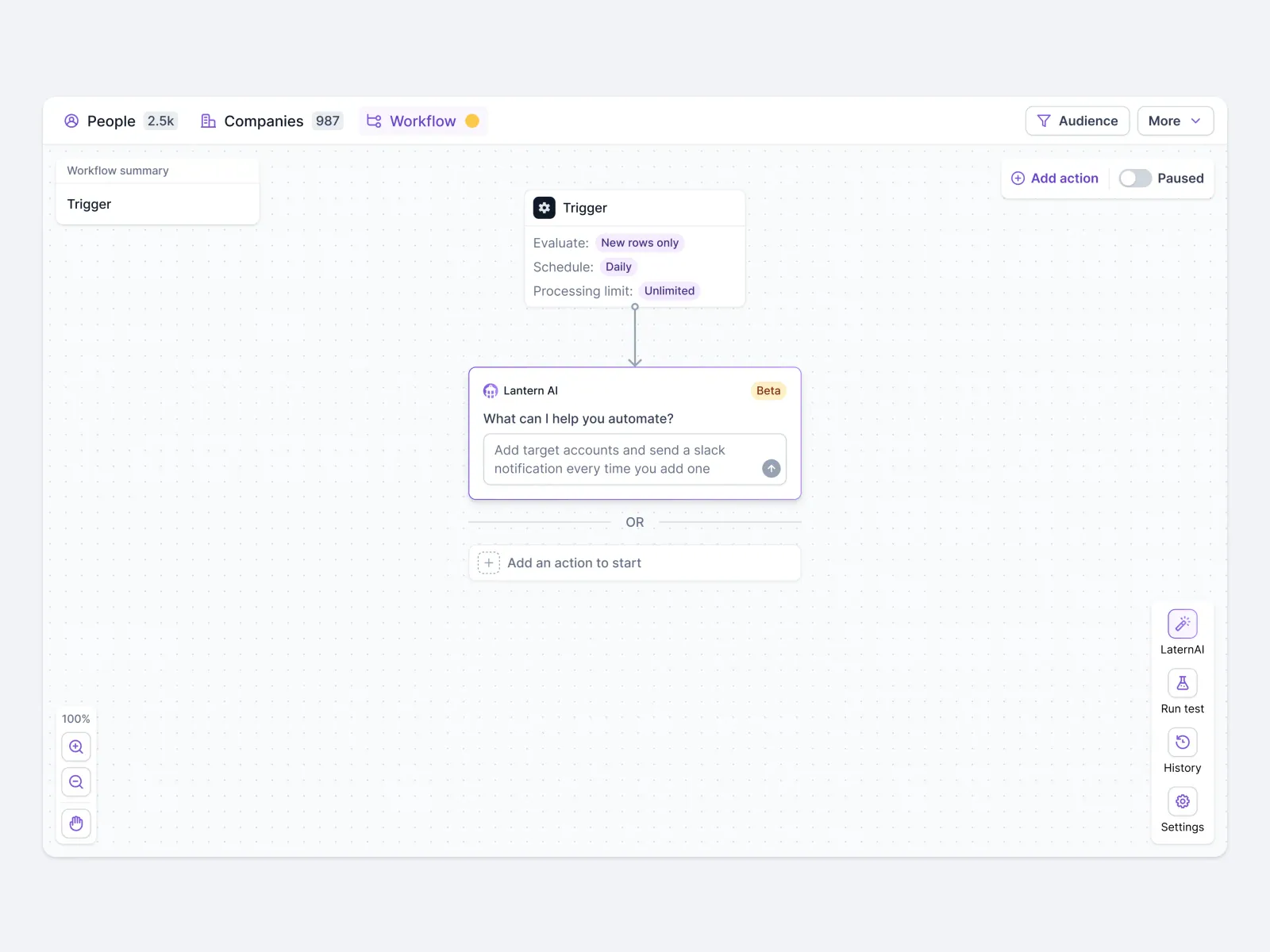 Lantern new workflow with a trigger and a Lantern AI prompt for describing the automation