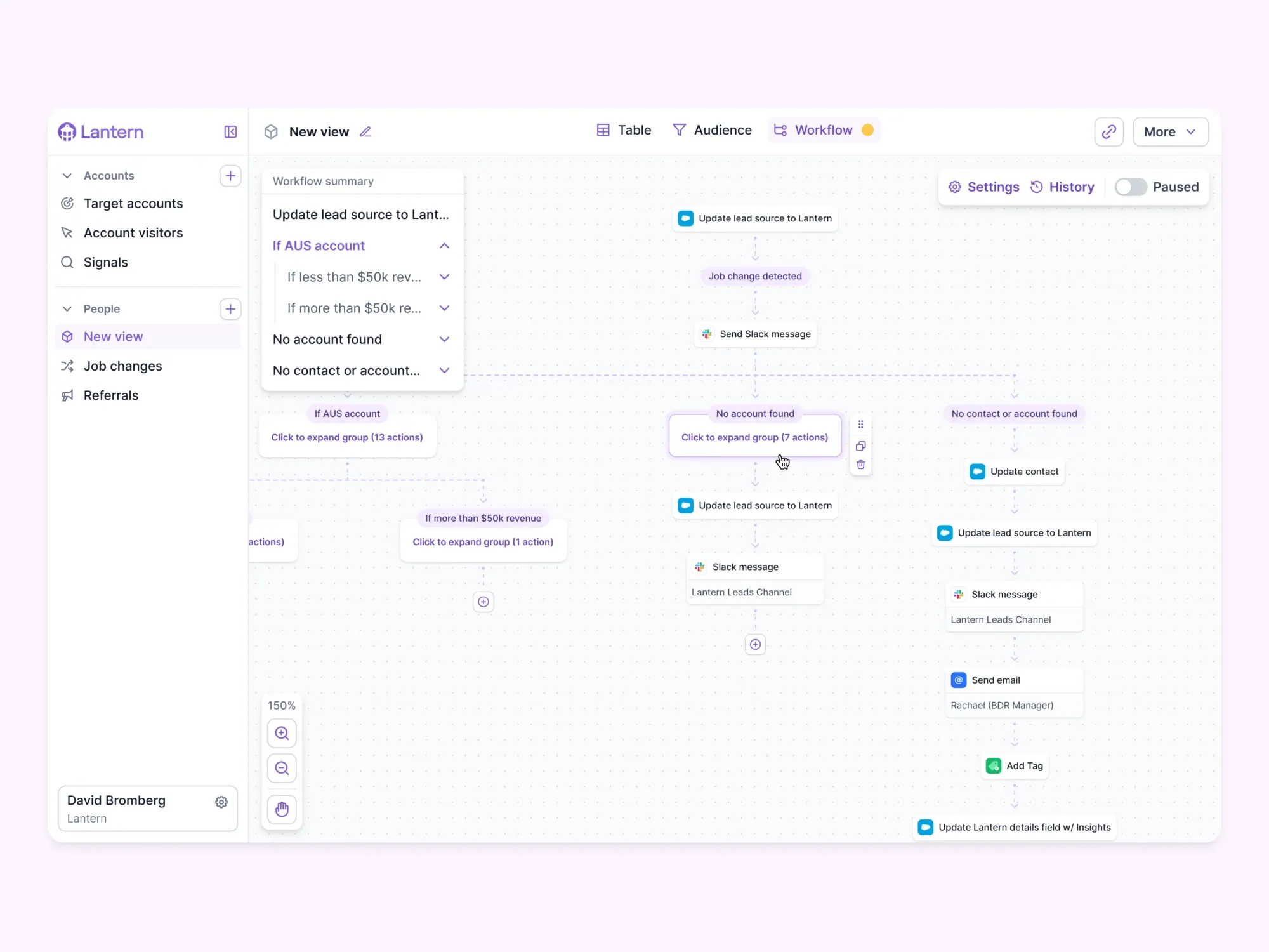 Lantern's workflow builder with a long job change workflow. Branches fold into groups that say how many actions they hold, and the workflow summary on the left lists every case, including conditions inside conditions.