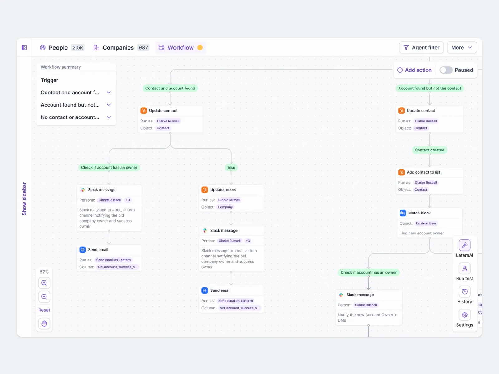 Lantern Champion Agent workflow building itself in 3D: a trigger, then HubSpot, Slack, Lantern AI and email steps, a match block and three branches, before the app’s sidebar and header slide in