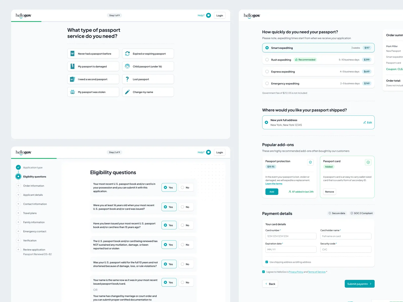 HelloGov application flow: choosing a passport service, eligibility questions, then expediting speed, add-ons and payment