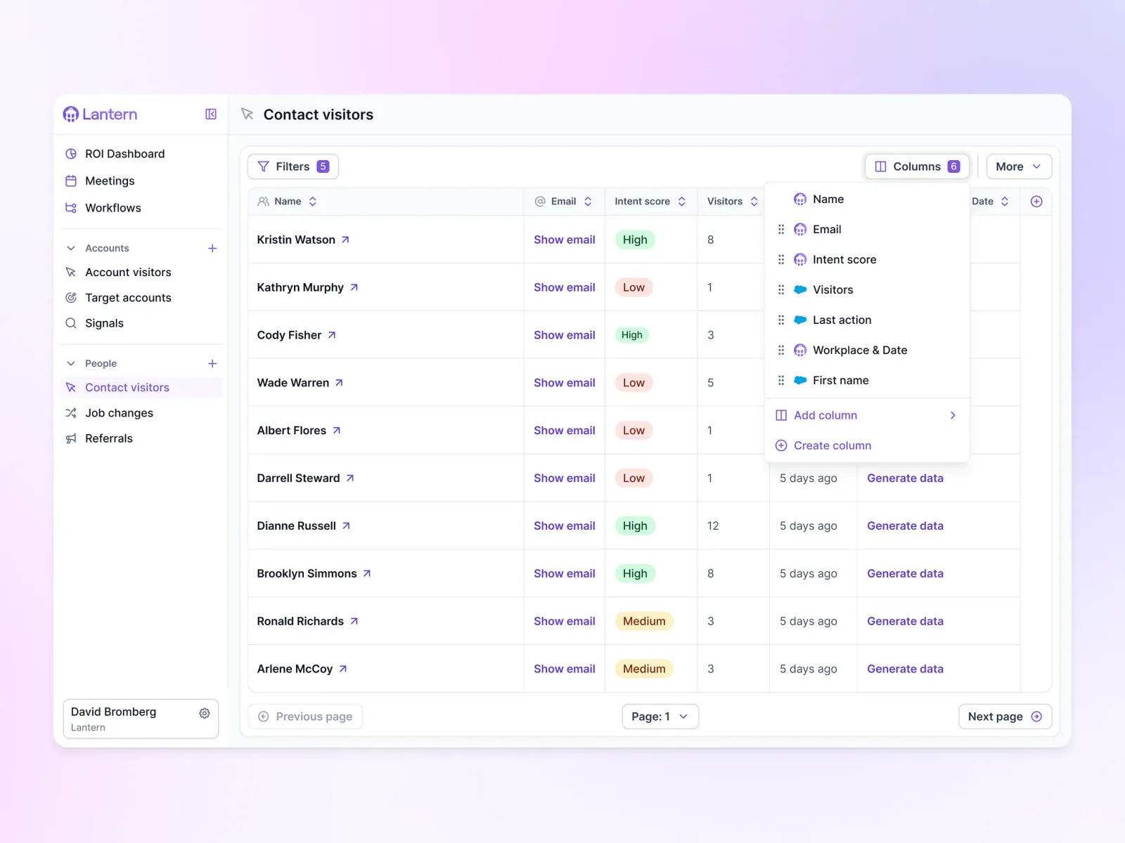Lantern contact visitors table with intent scores, visit counts and a column manager