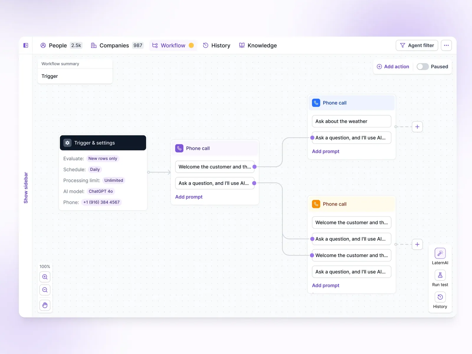Lantern workflow builder with AI phone-call steps branching from a trigger