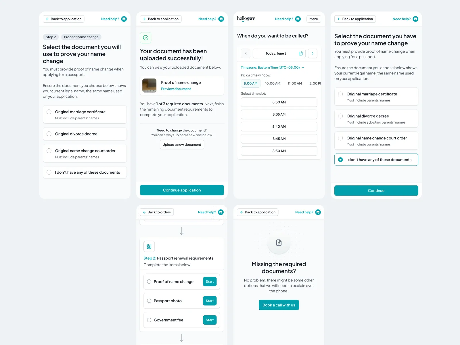 HelloGov mobile screens for proving a name change, a successful document upload, booking a call back and missing documents