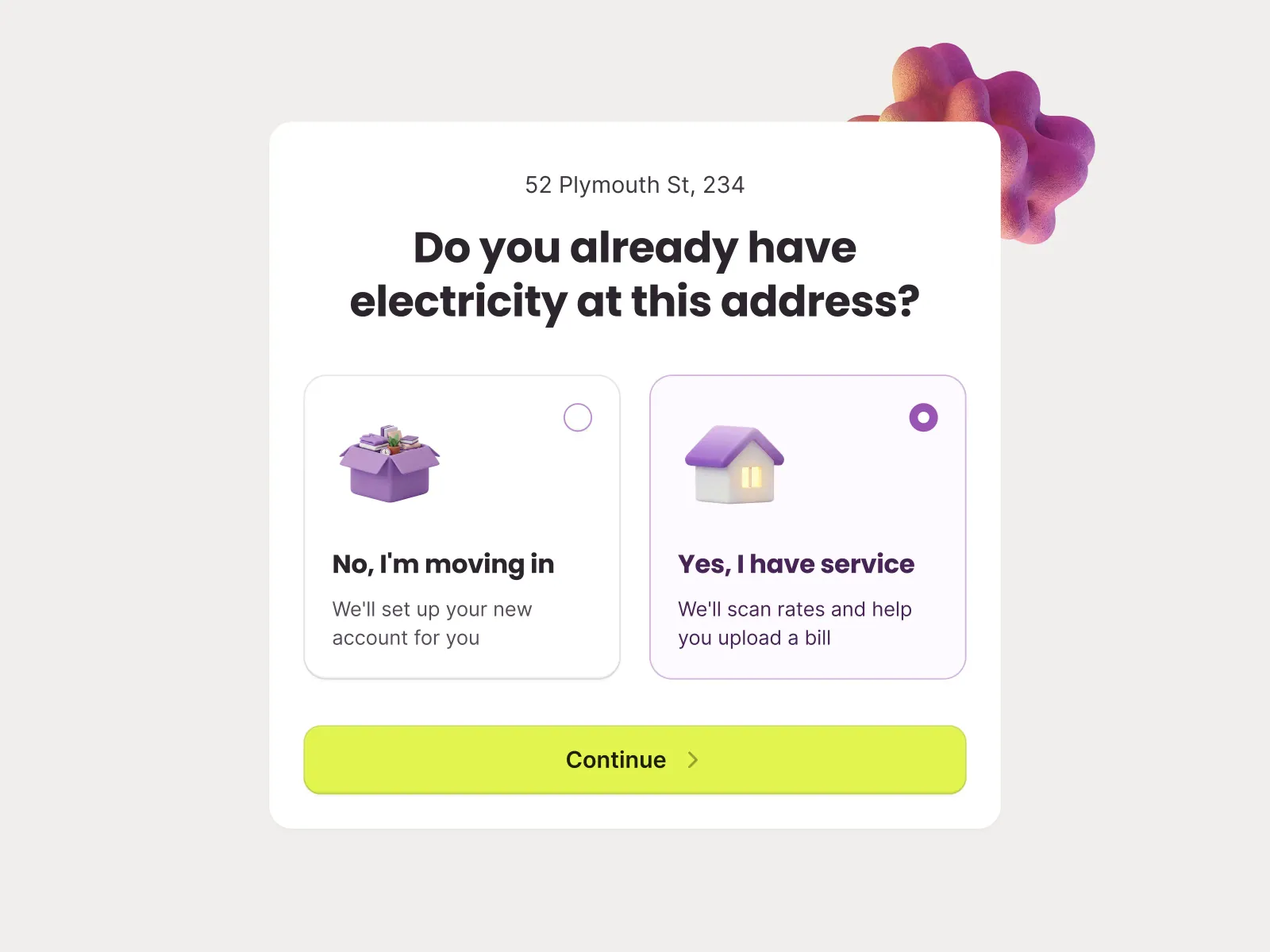 Public Grid onboarding question, “Do you already have electricity at this address?”, with moving-in and existing-service options