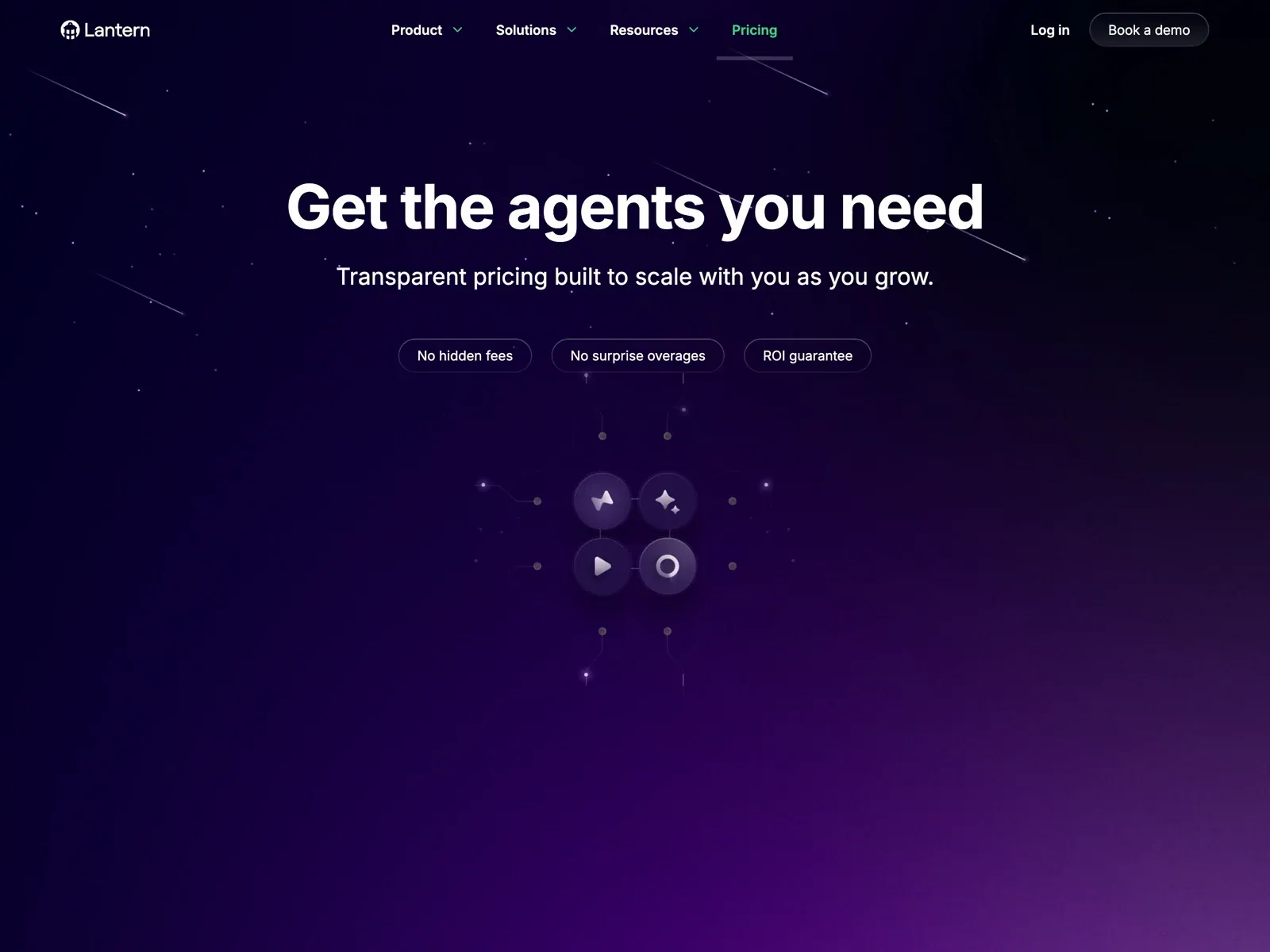 Lantern pricing page reel: “Get the agents you need”, the plan tiers, enterprise security and the Lantern Engine diagram