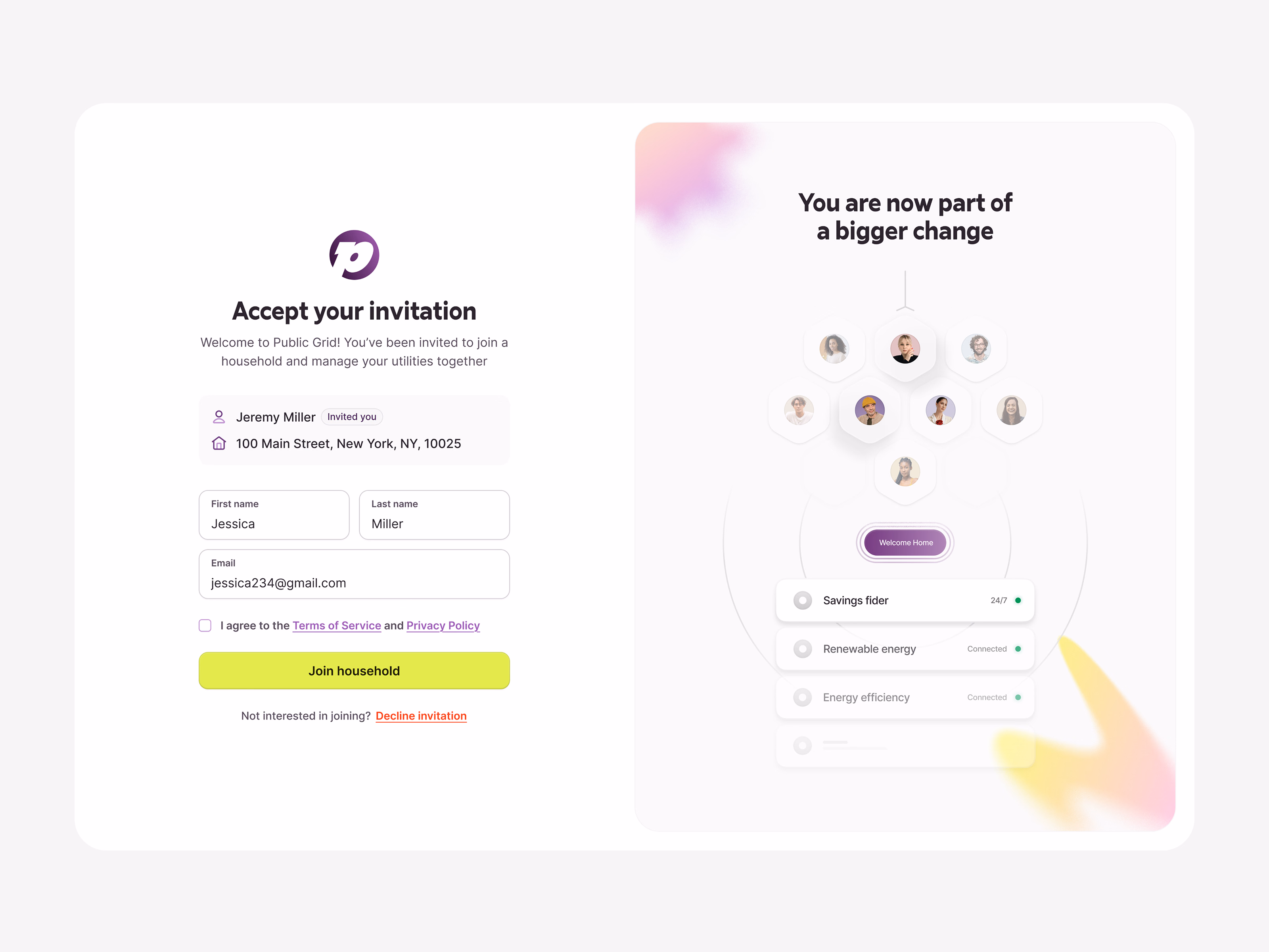 Join household invite screen draft for Public Grid energy