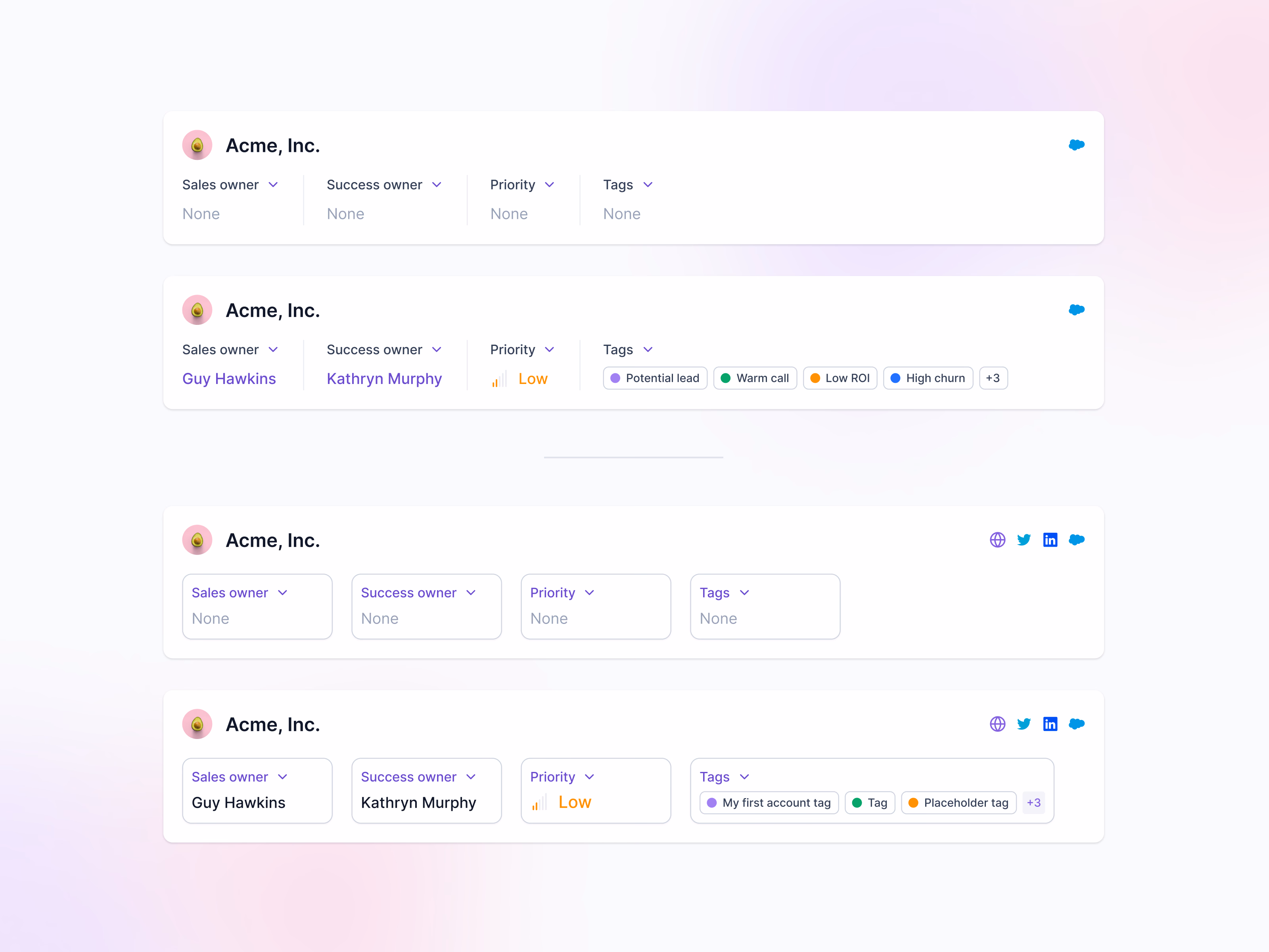 Account header component in Lantern's AI CRM